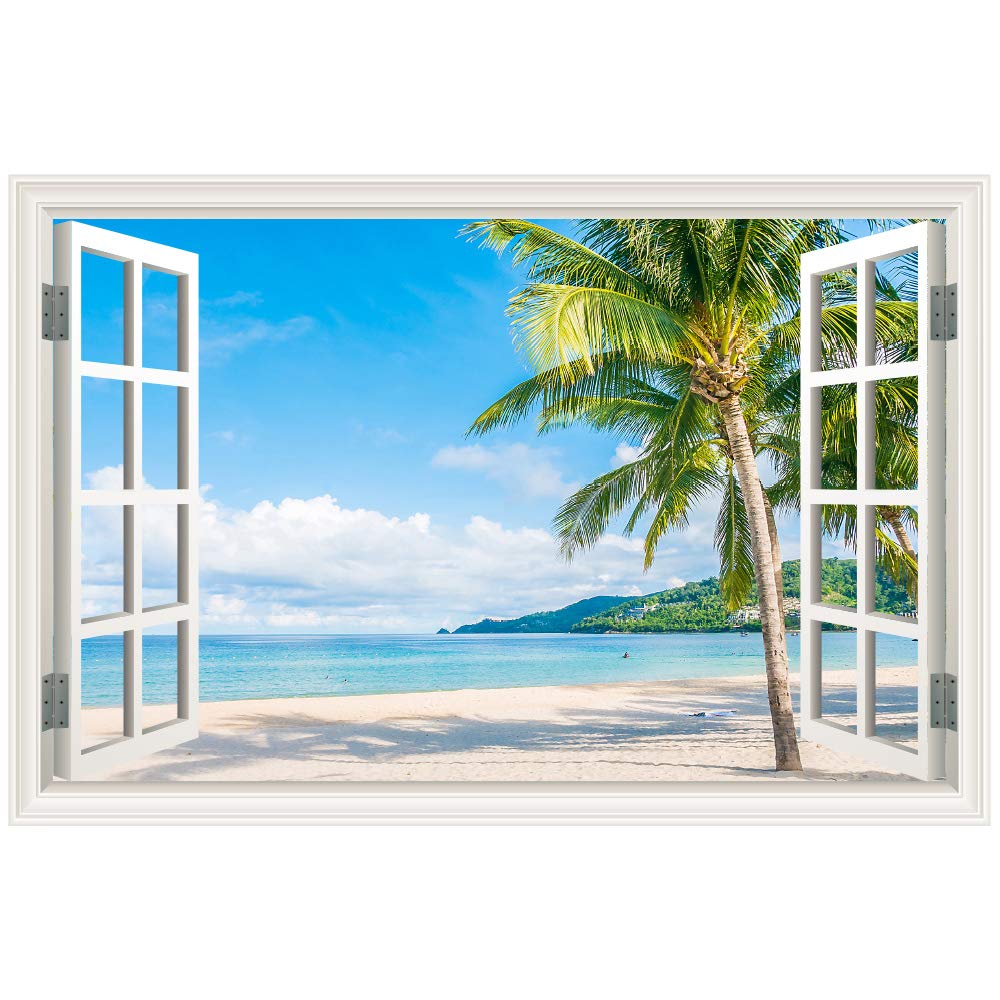 Amazon｜ウォールステッカー 窓枠 海 ビーチ 椰子 日本製 MU3 壁紙