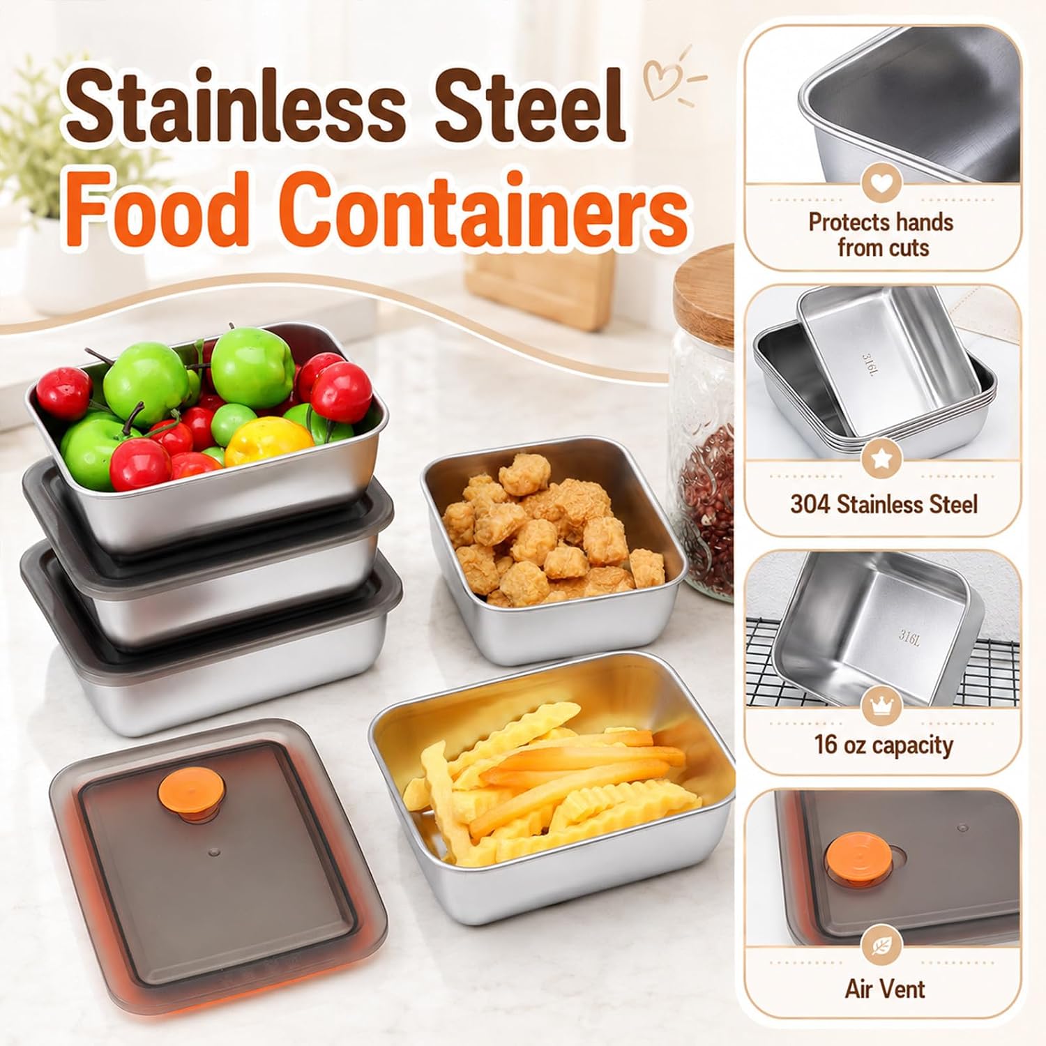 10 Set Stainless Steel Food Containers with Lids, Metal Leak-Proof Food Storage Containers Reusable Stackable Meal Prep Container for Lunch Picnic Travel, Dishwasher & Freezer Safe (16 oz)