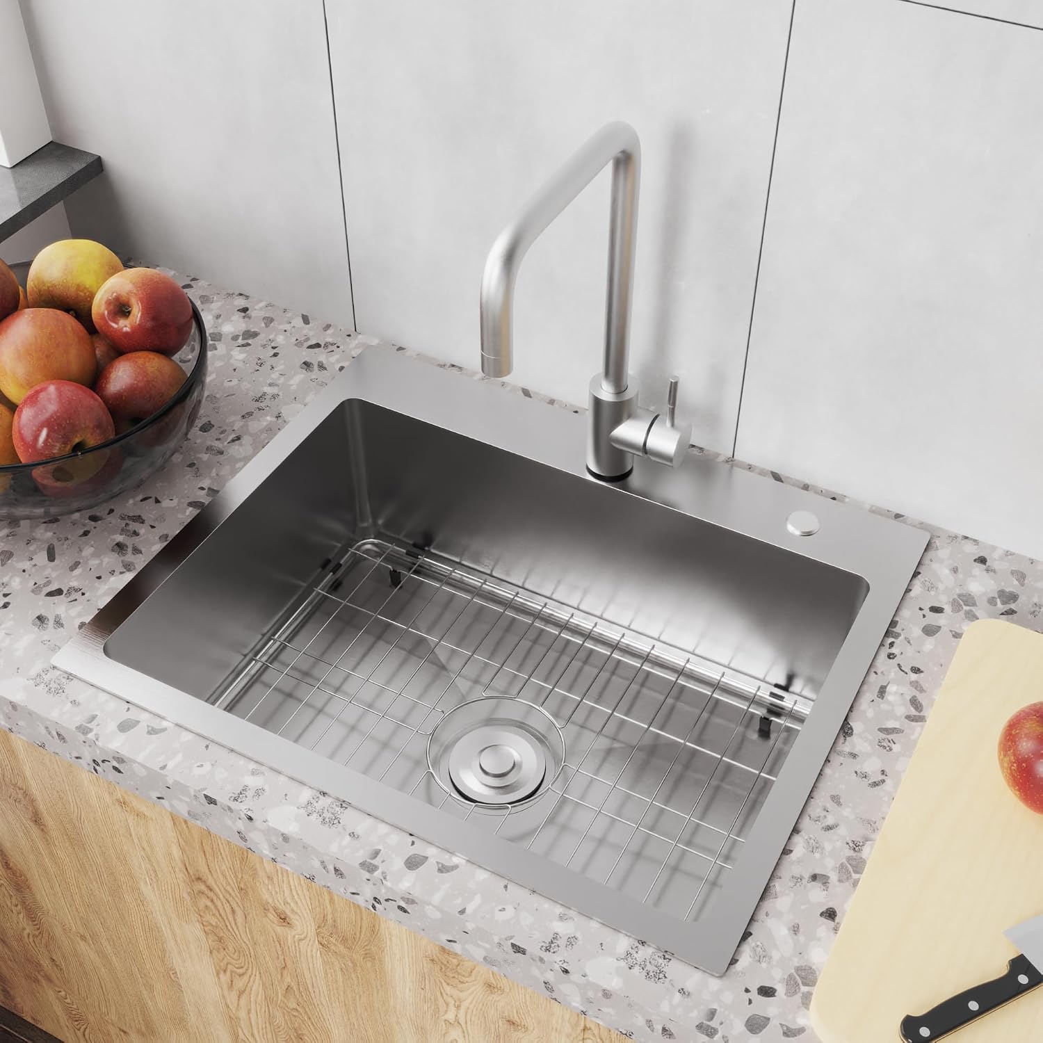 22 x 18 Drop in Kitchen Sink 304 Stainless Steel Single Bowl Topmount Kitchen Sink with Drain Kit and Bottom Grid, Brushed