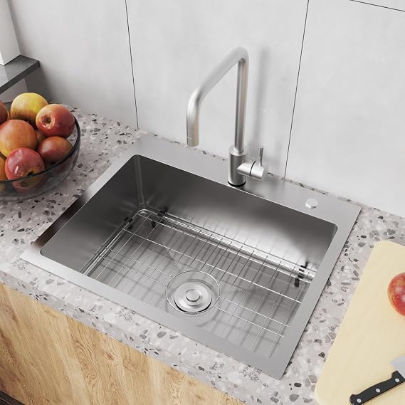 22 x 18 Drop in Kitchen Sink 304 Stainless Steel Single Bowl Topmount Kitchen Sink with Drain Kit and Bottom Grid, Brushed