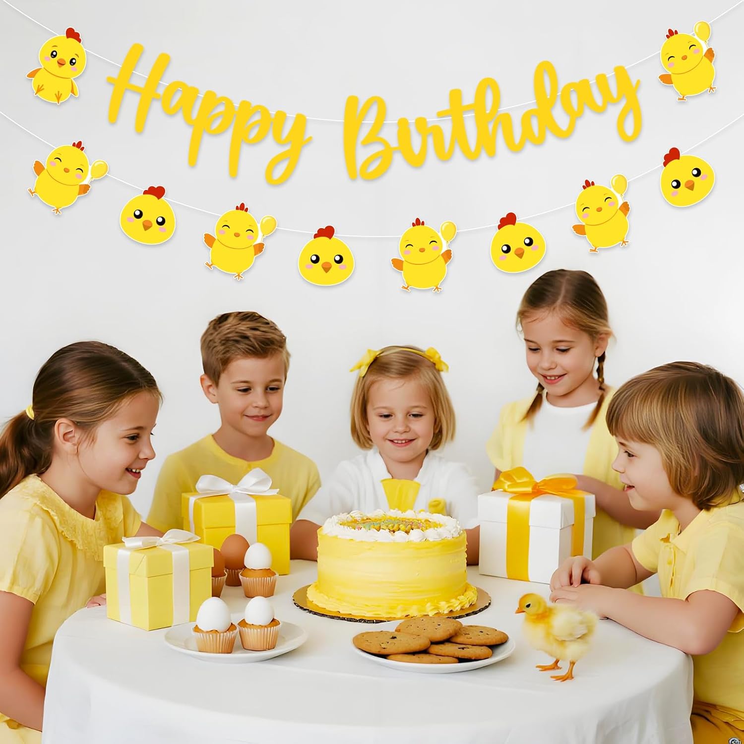 JOYMEMO Chick Happy Birthday Banners, Yellow Little Chicken Birthday Party Decorations for Boy Girl, Farm Animals Farmhouse Barnyard Theme Party Photography Background Supplies