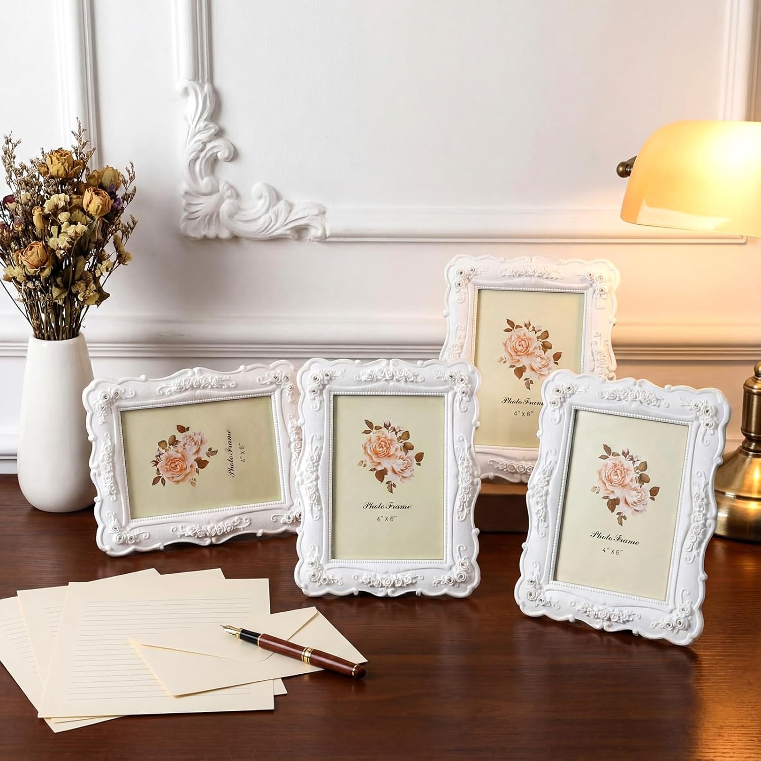 Amyhill 4 Pcs White Vintage Picture Frame Rose Flower Design Antique Photo Frames with Glass for Wedding Home Living Room Tabletop Wall Display, Horizontally or Vertically Use(White,4 x 6)