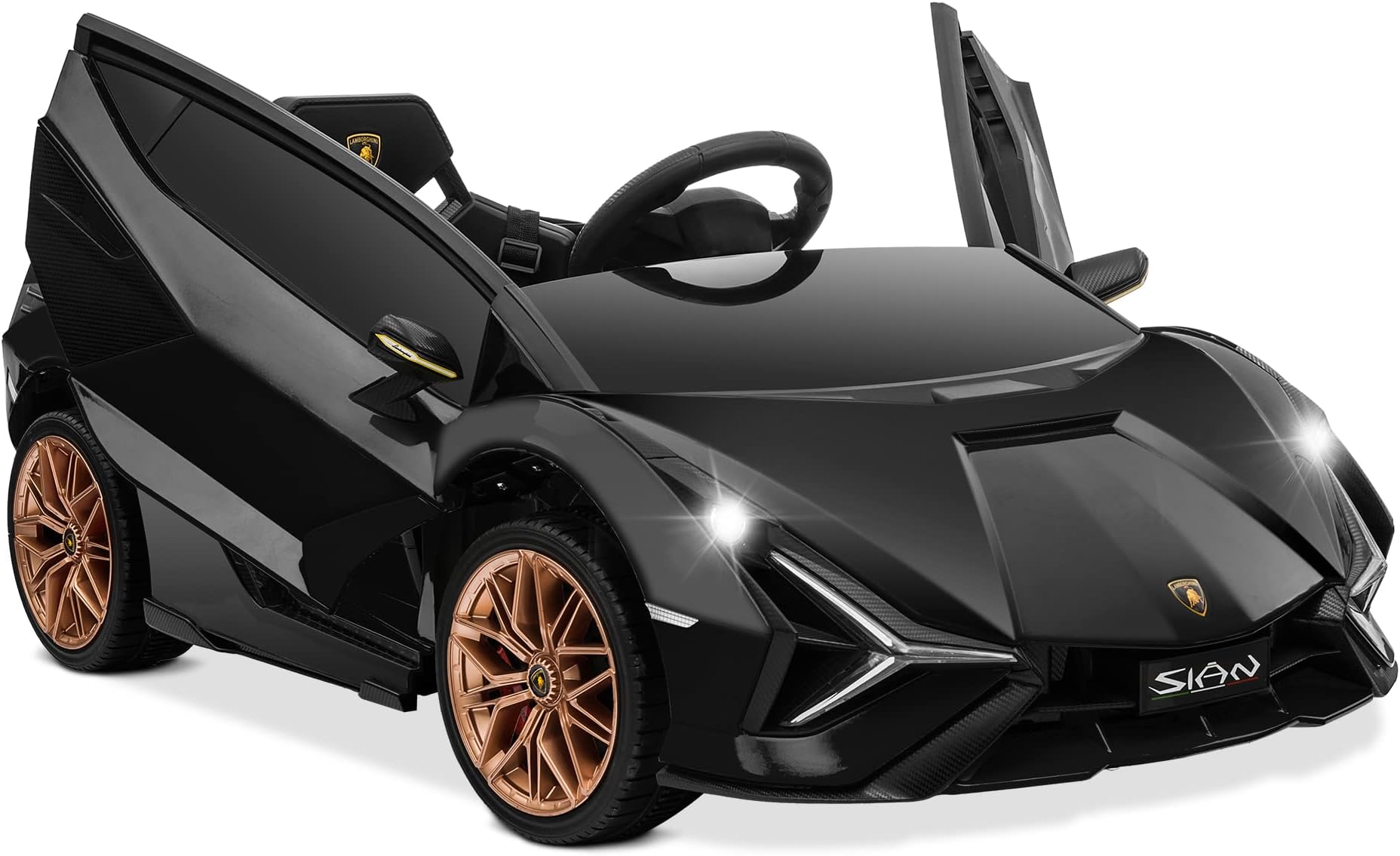 Kidzone Kids 12V Electric Ride On Licensed Lamborghini Sian Roadster Motorized Toy Car with Remote Control, Wheels Suspension, LED Lights & Music – Black with Gold Rim