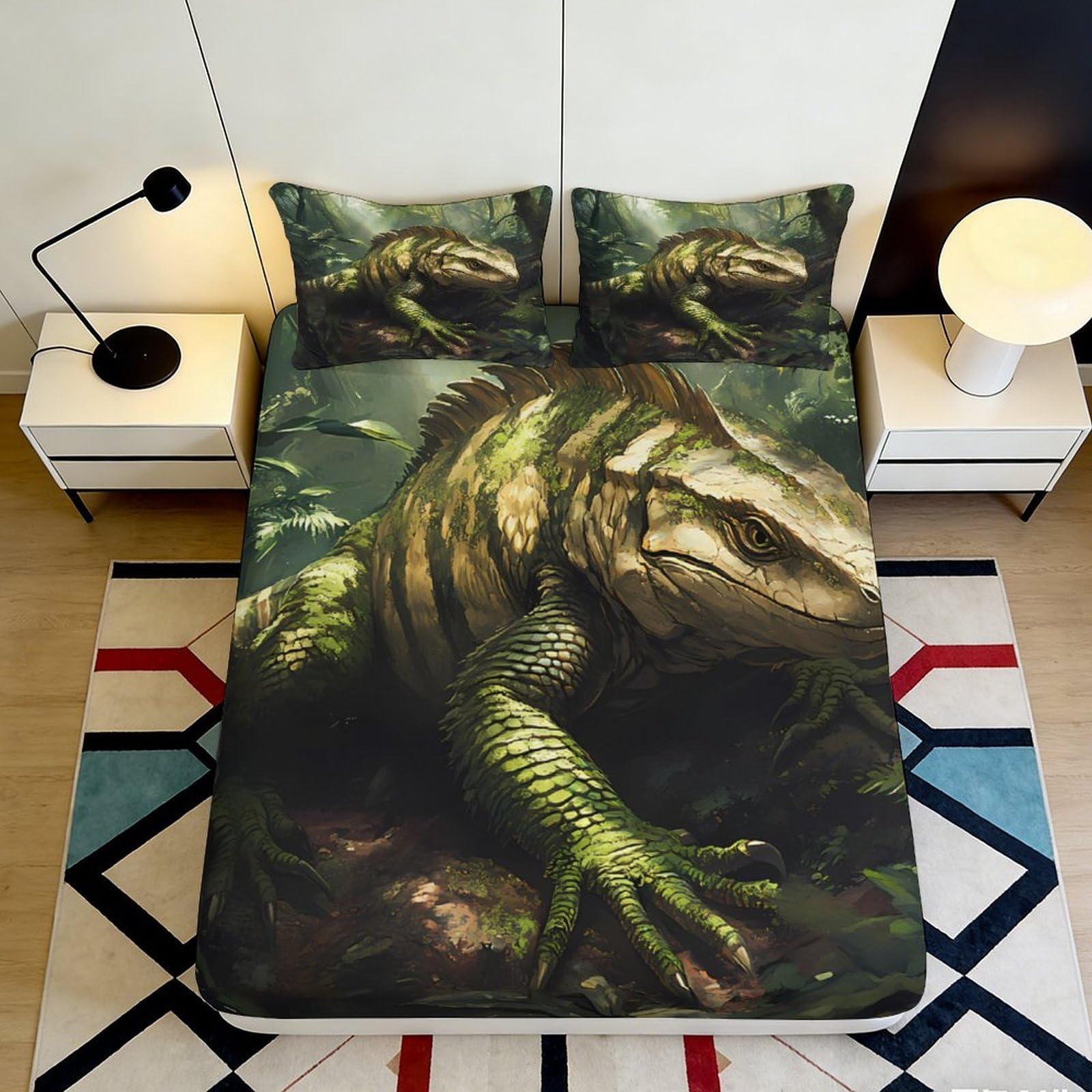 3D Printed Jungle Dinosaur Fitted Sheet Microfiber Soft Green Forest Bed Cover for Bedroom Guestroom Decor 90x200x25cm