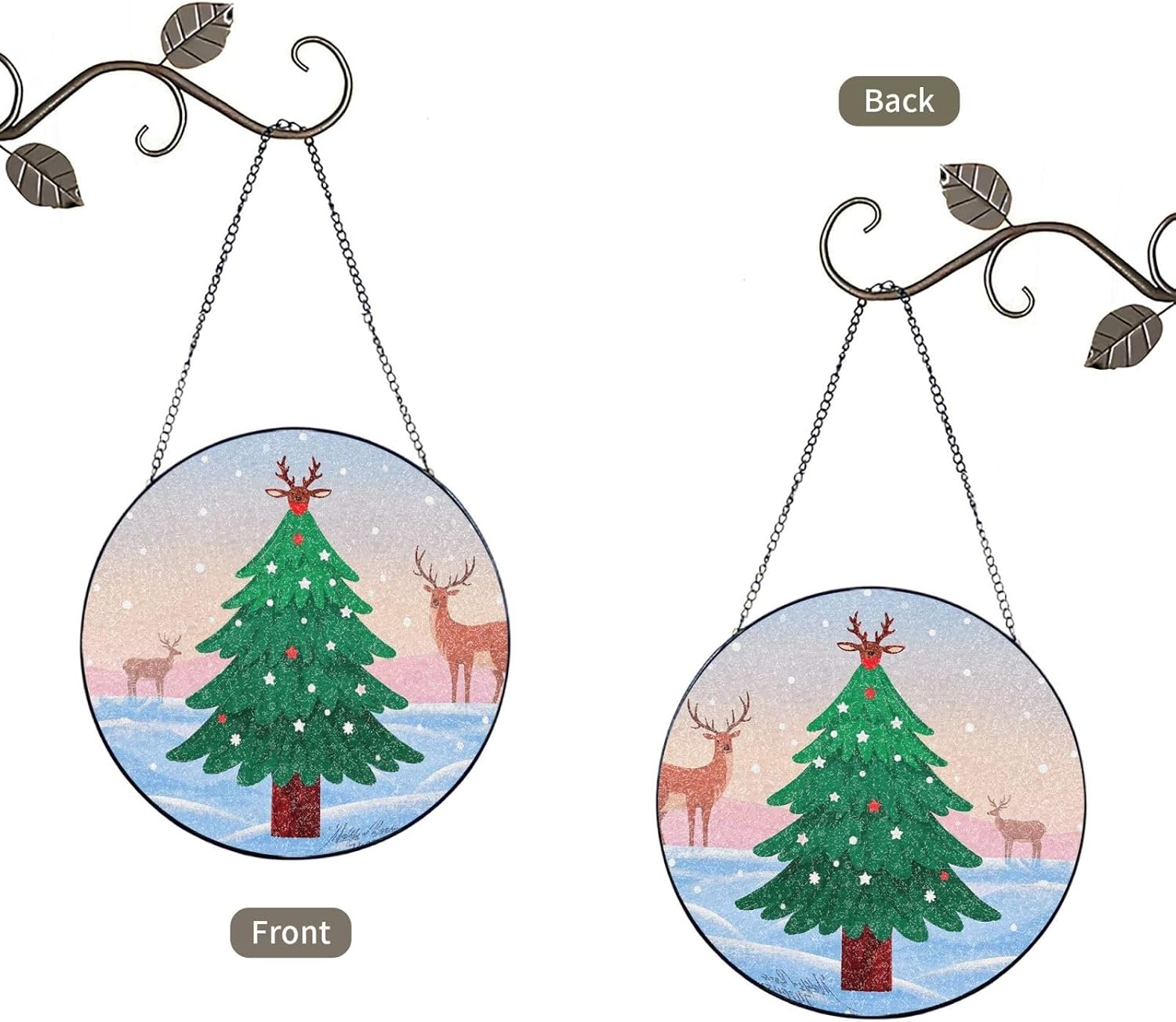 Stained Glass Window Hanging 10in Window Suncatcher Glass Panel with Metal Chain Christmas Pine Tree Elk Sun Catchers Wall Art Home Decor Gift for Women Mother's Day