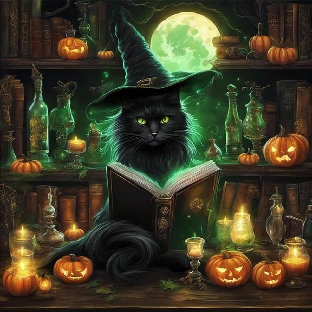 WANGXIAO Paint by Numbers Kits for Adults,Painting by Number Kits On Canvas,DIY Color Oil Painting Acrylic Paints,Home Wall Decor 16X16In/40X40Cm，Magic Black Cat and Halloween,with Frame