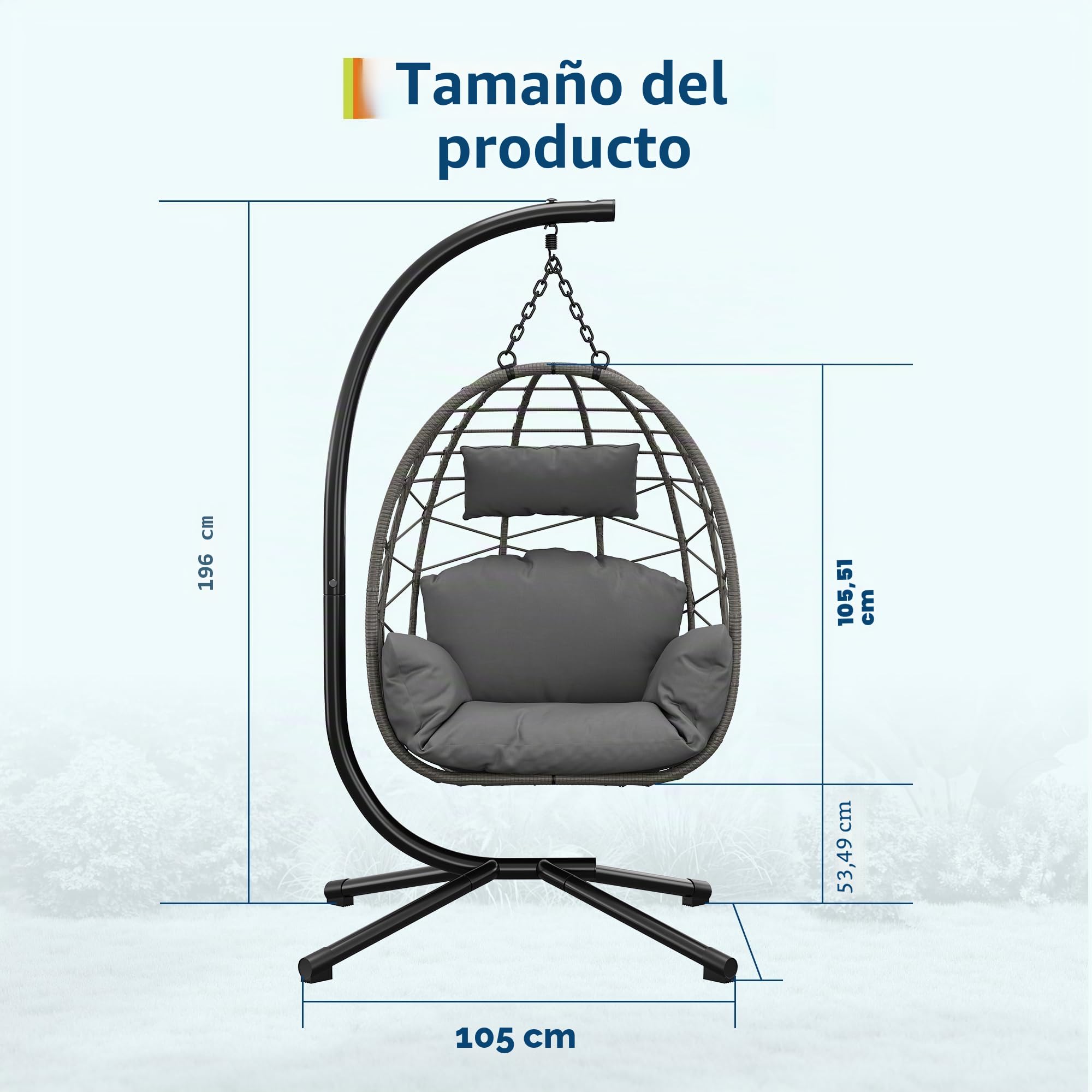 Silla Colgante con Marco para Exteriores, soporta hasta 150 kg, Silla Colgante de ratán con Estructura de Metal, Ideal como Silla Colgante de Interior, con Marco para jardín, terraza y balcón, Gris