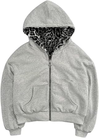 Y2k Reversible Zip Up Jacket Grunge Streetwear Vintage Leopard Print Jacket Baggy Long Sleeve Hoodie Unisex