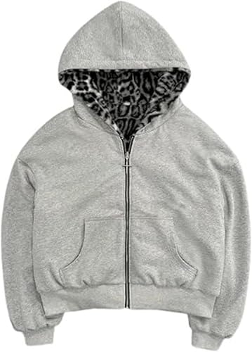 VeraieSien Y2k Reversible Zip Up Jacket Grunge Streetwear Vintage Leopard Print Jacket Baggy Long Sleeve Hoodie Unisex