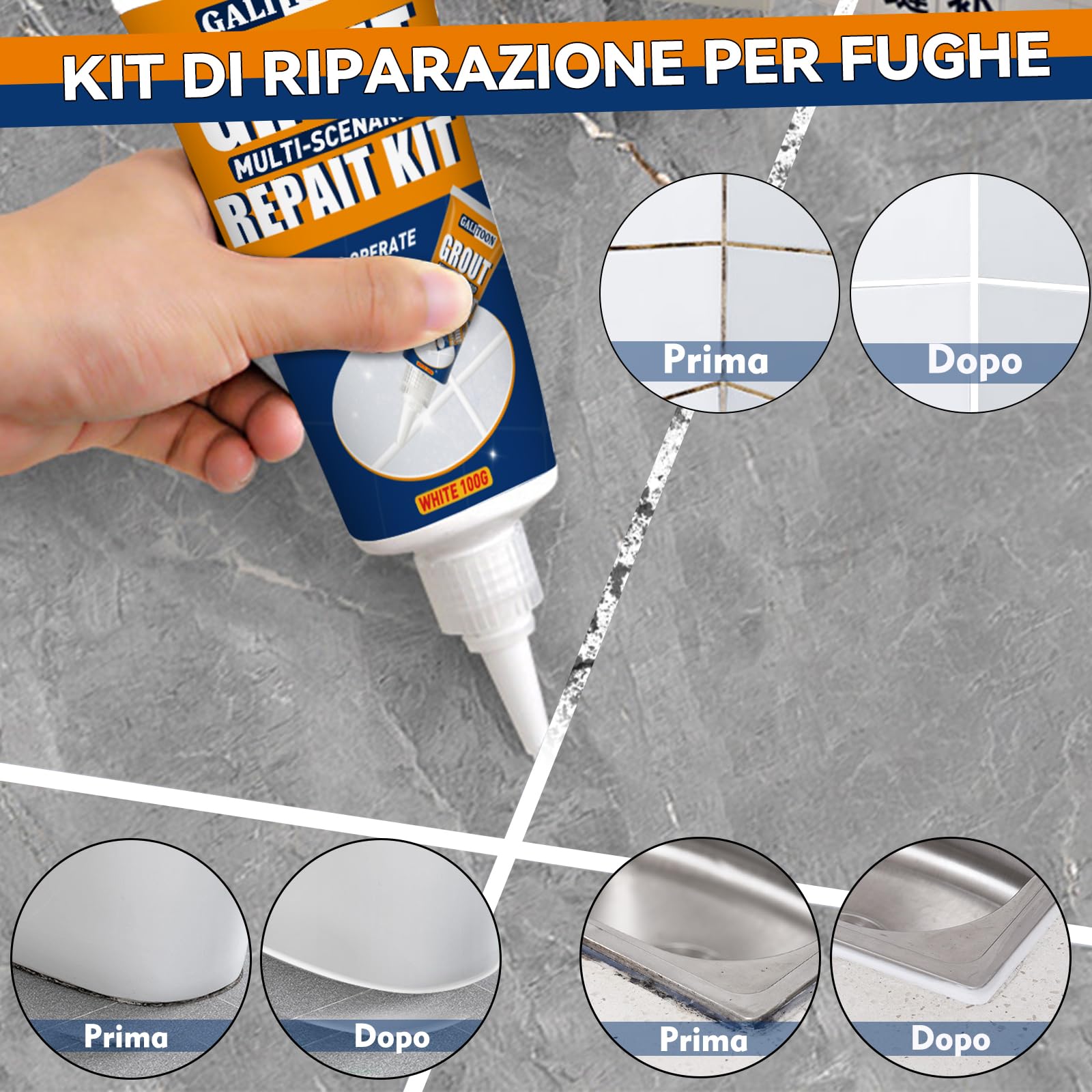 Riparazione Fughe Piastrelle, Kit Ad Asciugatura Rapida Riparazione Fughes Piastrelles, Ripristino Fughe Piastrelle Bagno Doccia Cucina Pavimento Piastrelles Vernice (Bianco, 200G)