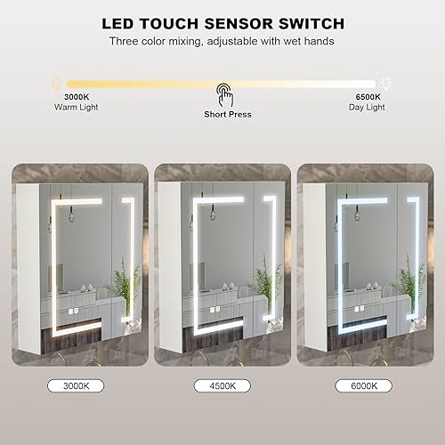 Miniatura 4 de Mepplzian Botiquín LED con espejo botiquín iluminado de 2 puertas con desempañador gabinete de espejo de baño con almacenamiento montado en la pared