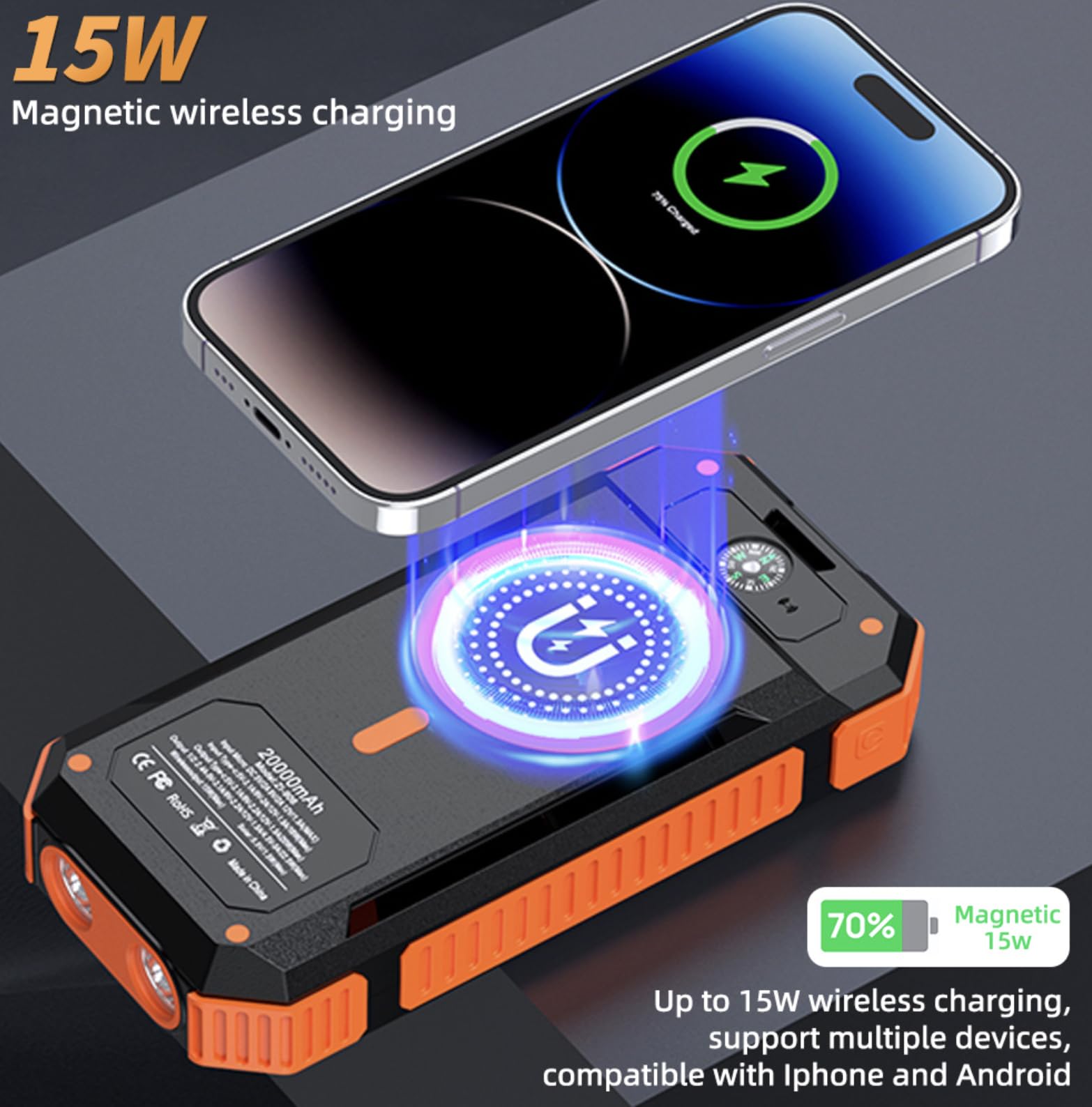Power Bank Solar 20 000 mAh avec charge sans fil – Batterie externe étanche avec panneau solaire, charge rapide USB et USB-C, lampe torche et boussole – Chargeur portable pour iPhone, Samsung