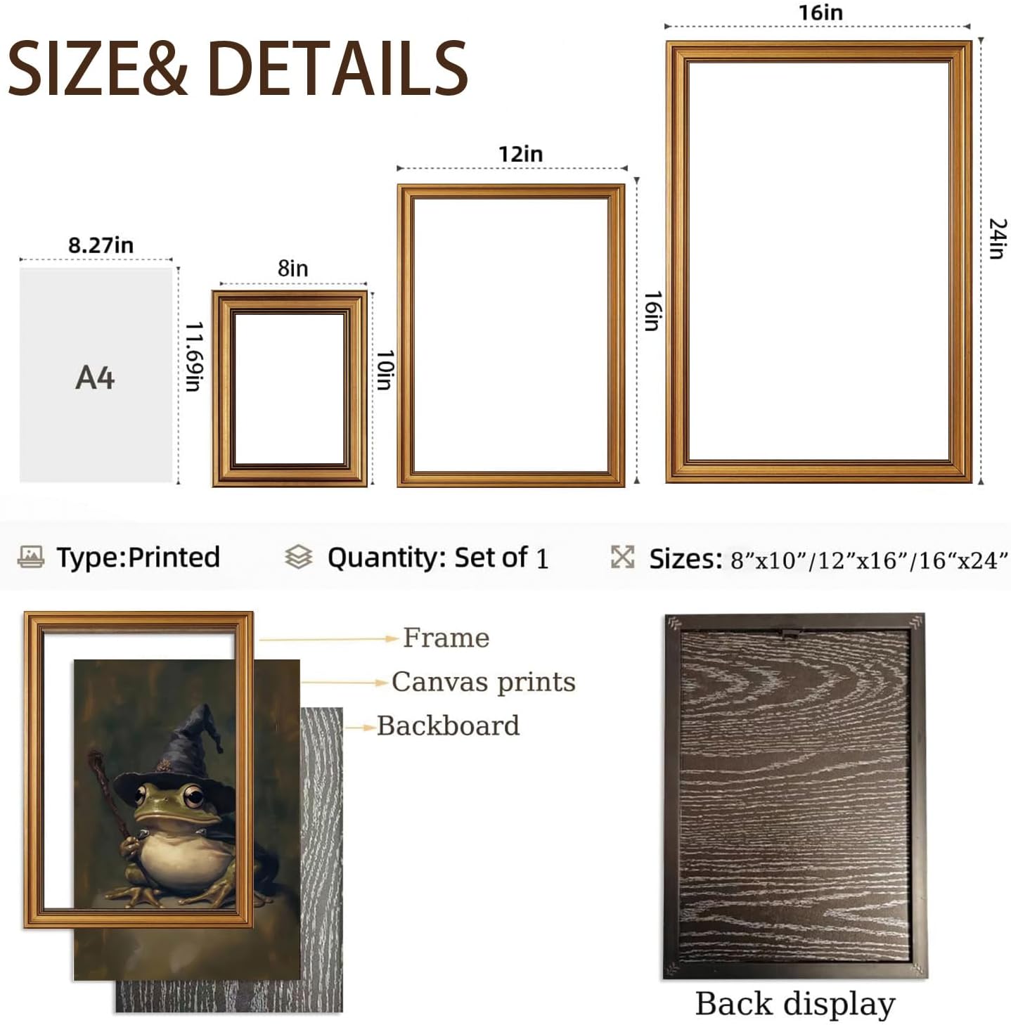 Vintage Gold Framed Wall Art Witchy Frog Canvas Art Prints Dark Academia Pictures Wall Decor Gothic Cottagecore Paintings Artwork for Living Room Bedroom Bathroom 16x24in