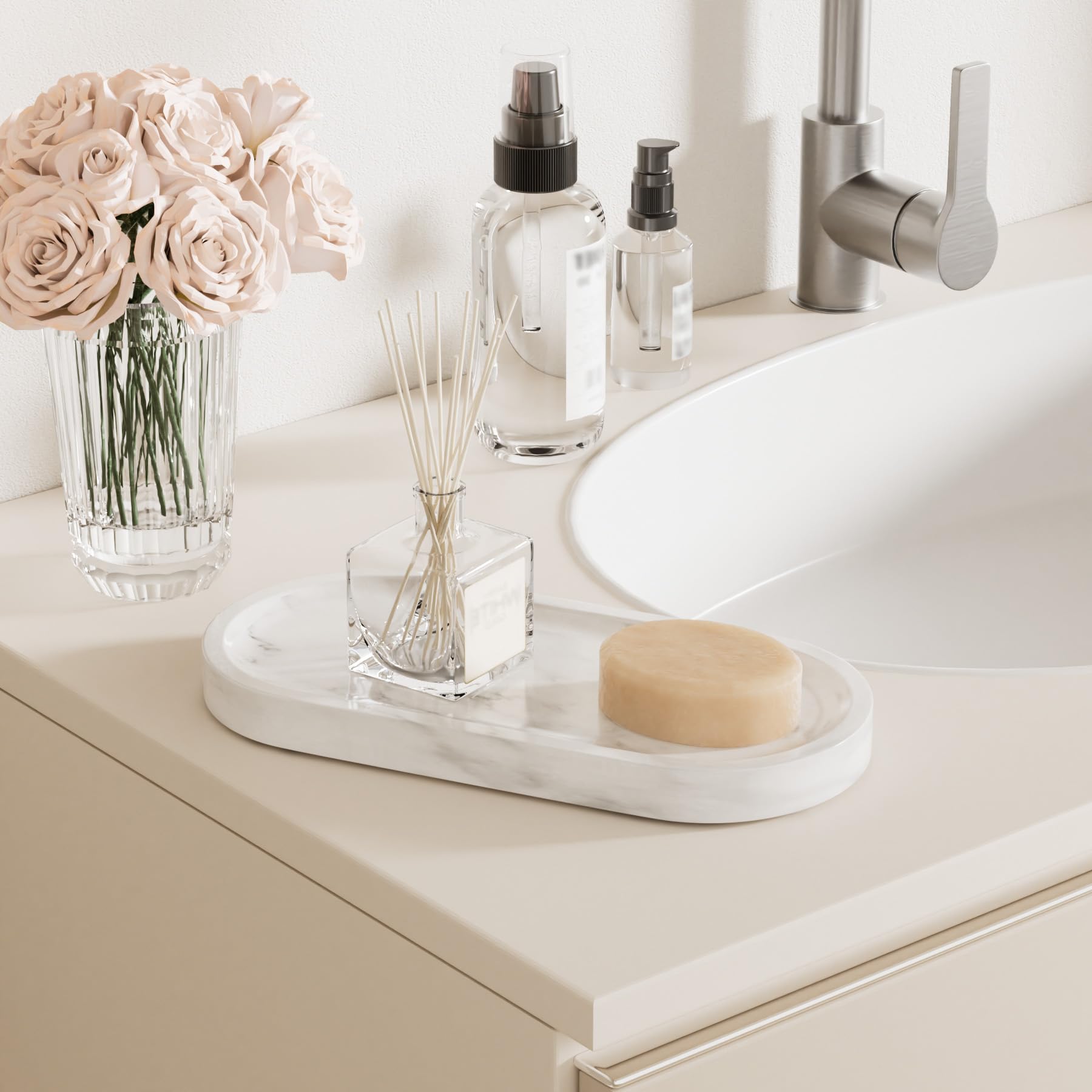 Plateau Decoratif Elliptique en Marbre,25x12x1.8cm,Blanc Carrara