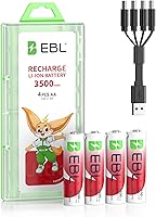 EBL Rechargeable Lithium AA Batteries 4-Pack: 1.5V 3500mWh, 1600+ Cycles, 2H USB-C Fast Charge for Long-Lasting Power