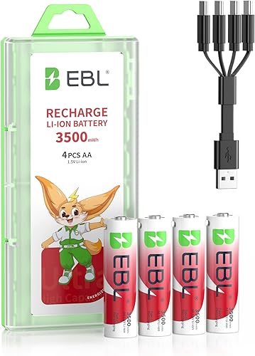 EBL Paquete de 4 baterías recargables AA de litio, batería doble A de 1.5 V, 3500 mWh, más de 1600 ciclos, carga rápida de 2 horas con cable USB-C