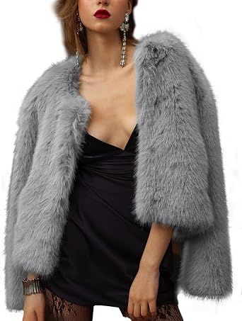 Shiyifa Womens Cropped Faux Fur Coat Long Sleeve Fluffy Jacket with Pocket
