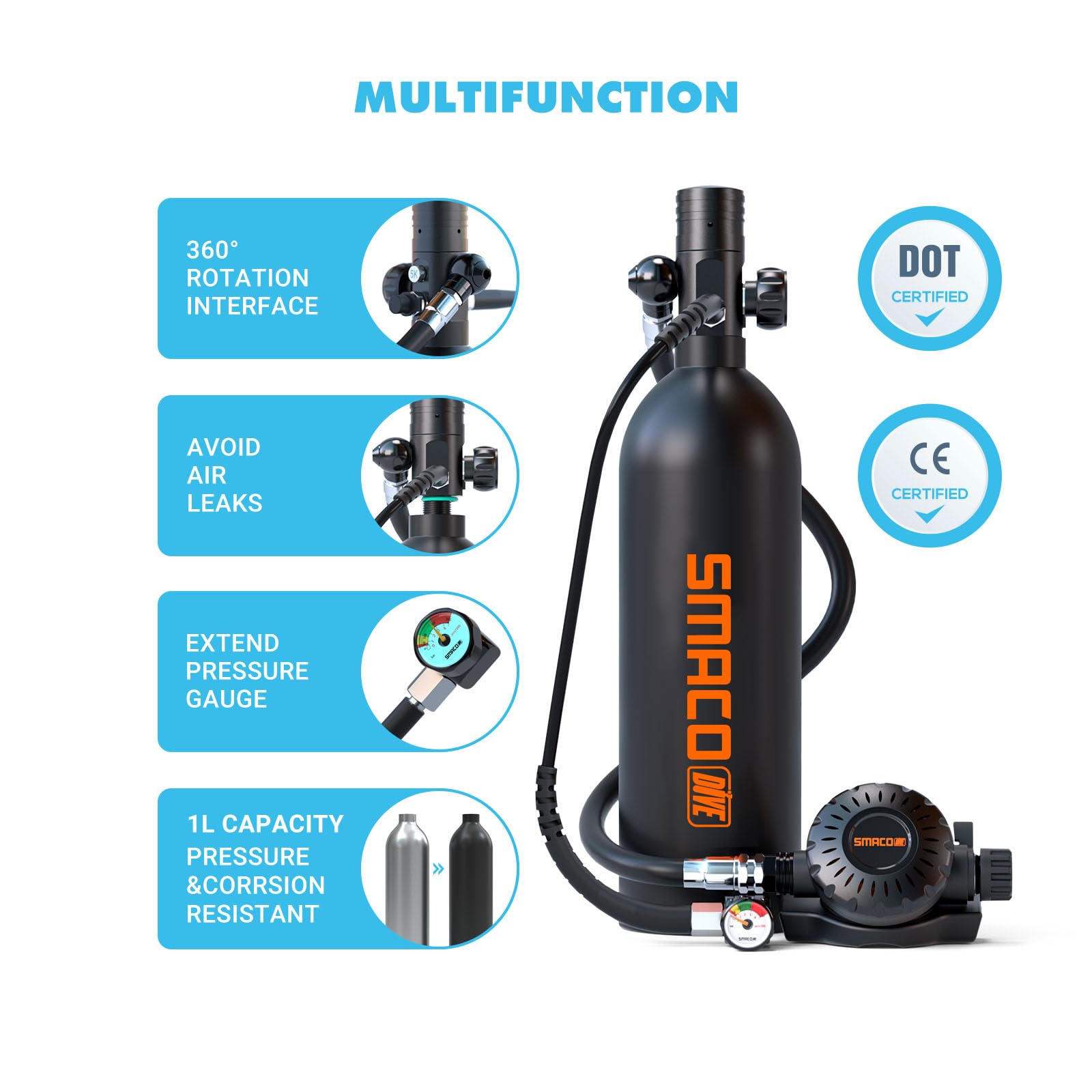 SMACO Mini Bouteille de Plongée avec Masque de Plongée Intégral, S400 Pro 1L Mini Bouteille de Plongee Petite Bouteille d Oxygène Plongee pour sous-Marin Exploration Sauvetage