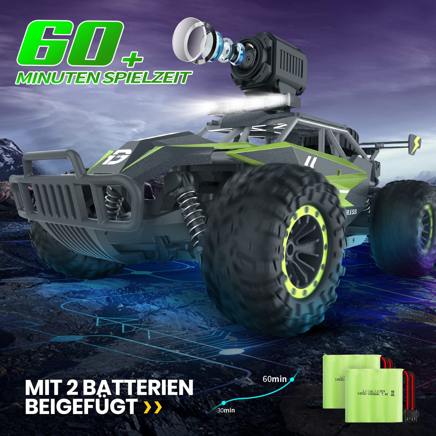DEERC Zdalnie sterowany samochód z kamerą HD 1080p, samochody 1:16 RC ze światłem LED, zabawka Monster Truck 2,4 GHz, 2 baterie do 60 minut, prezent dla dzieci i chłopców