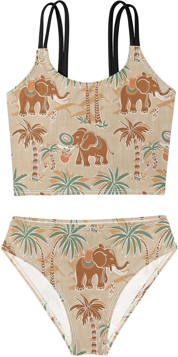 visesunny Girls Two Piece Swimsuits Vintage Elephant Palm Girl's Bikini Sets Bathing Suits for Girls Size 5-12Y