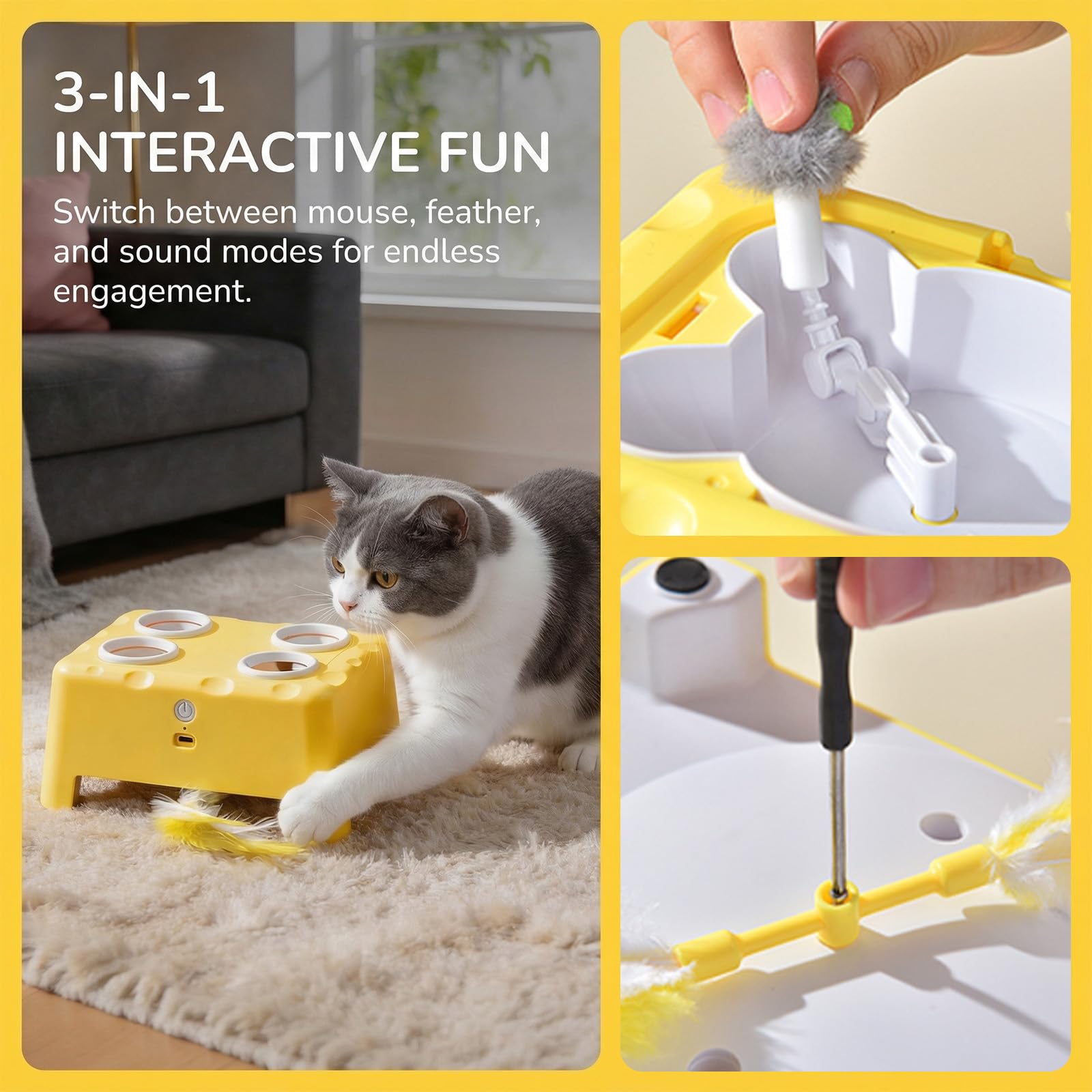 Jouets interactifs pour chat 3 en 1 pour chats d'intérieur Rotation automatique des plumes + souris Pop Out Jouet interactif pour chat pour animal domestique Jouet amusant exercice