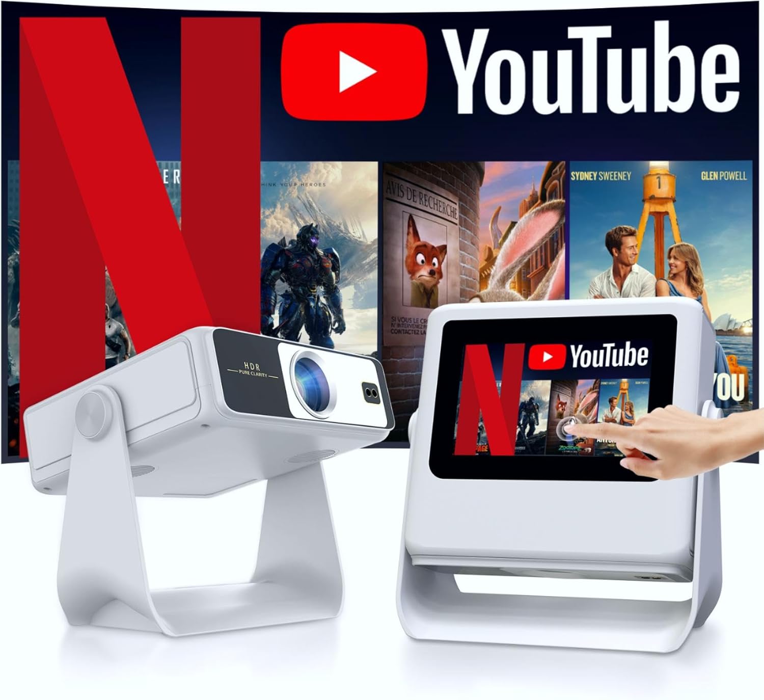 Touchscreen Portable Projector with WiFi6 and Bluetooth, Native 1080P 4K Support Built-in Apps, Dual-band WiFi, Full HD Movie Outdoor Projector, Home Theater Proyector