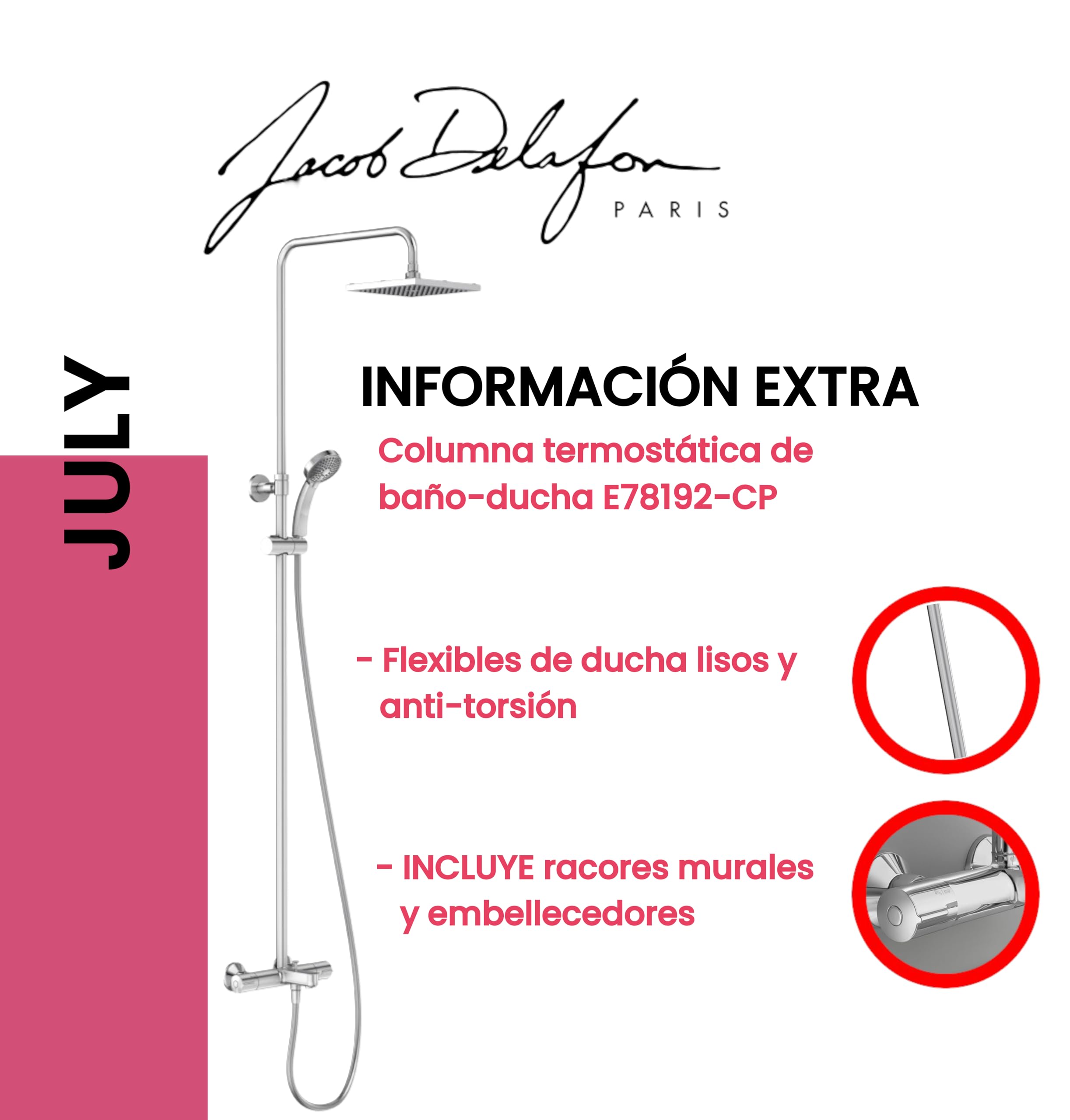 JACOB DELAFON Columna termostática de baño-ducha Cabezal cuadrado efecto lluvia Ducha de mano con 4 funciones Altura ajustable Latón Cromado JULY E78192-CP