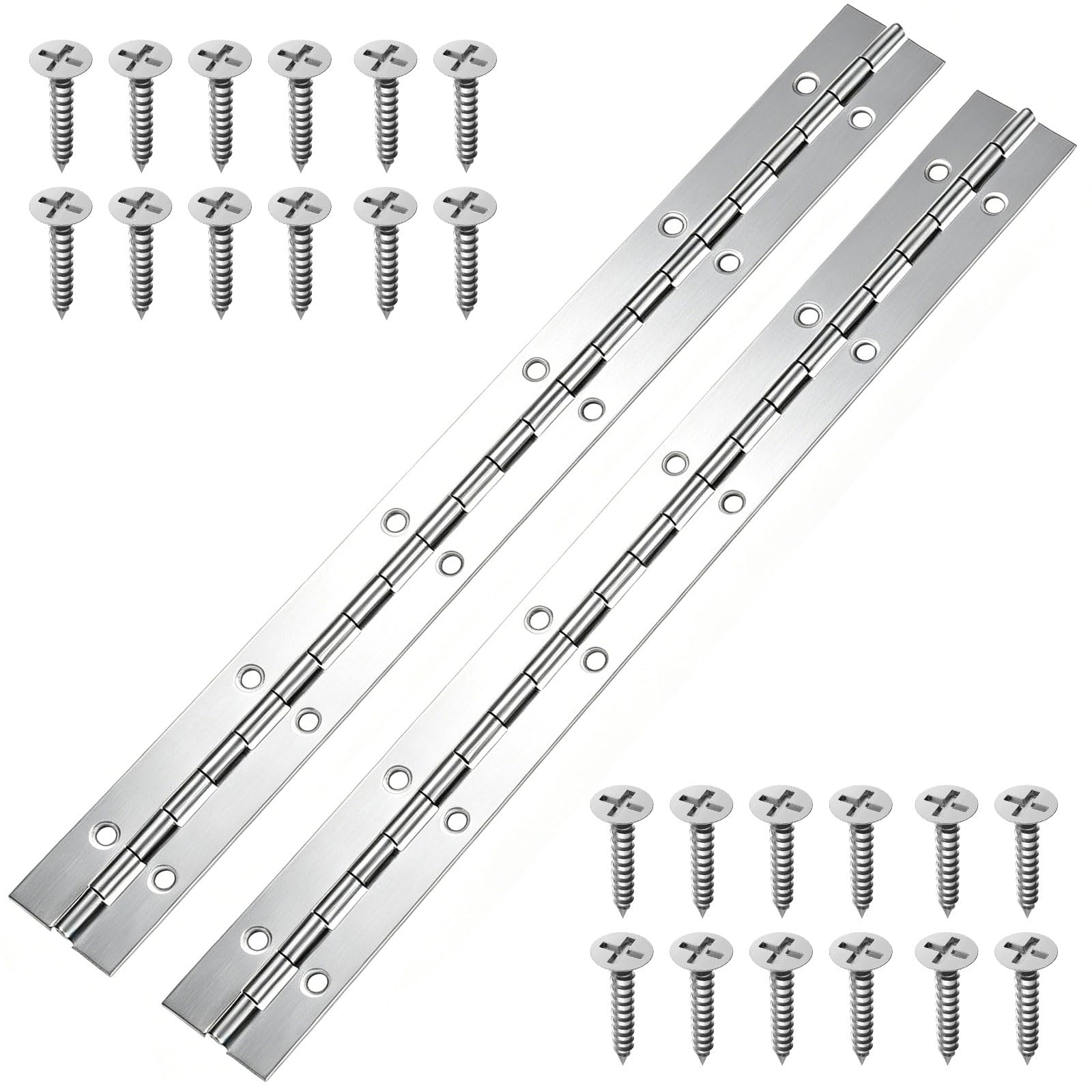 2PCS Piano Hinges, Stainless Steel Continuous Pianos Metal, 12inch Heavy Duty Piano Hinges with Holes and Screws, Stainless Steel Hinges Piano for Pianos, Cabinet Doors, Windows, Boats