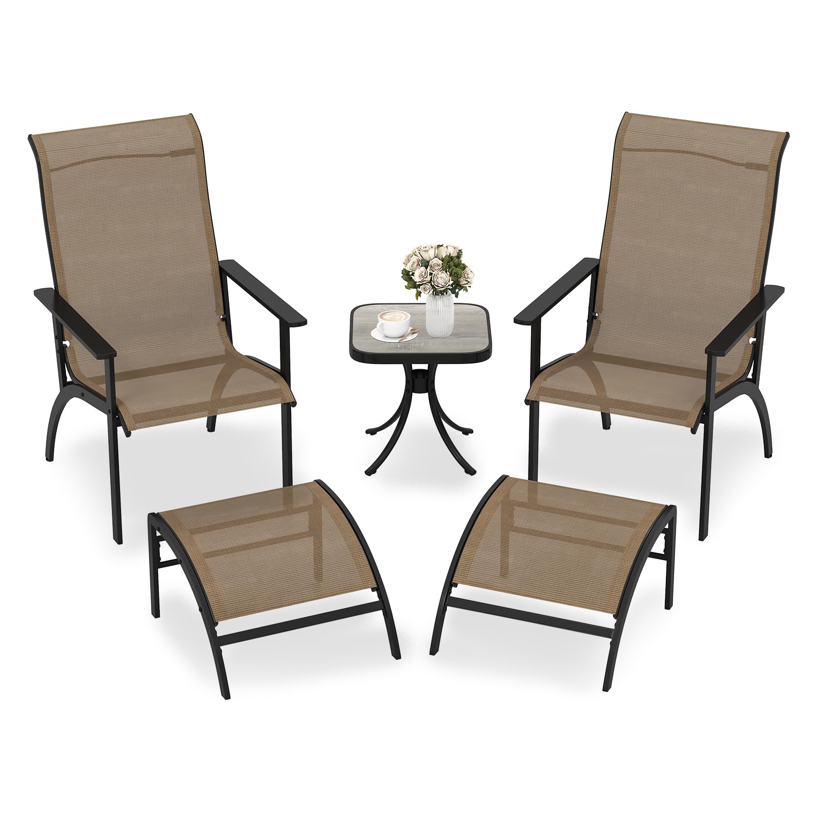 COSTWAY 5-Piece Garden Furniture Set, Patio Conversation Set with 2 Adirondack Chairs, 2 Footstools and Coffee Table, Space-Saving Outdoor Table and Armchairs Seating for Balcony Lawn Porch Poolside