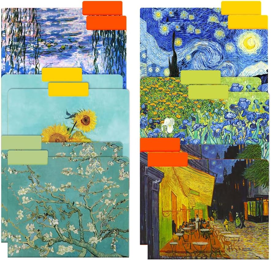 WIRESTER 12 Pack Decorative File Folders (9.5 x 11.5 Inch), Letter Size Holders for Office Supplies with 1/3 Cut Tab, 6 Fashion Designs – Famous Painting Van Gogh