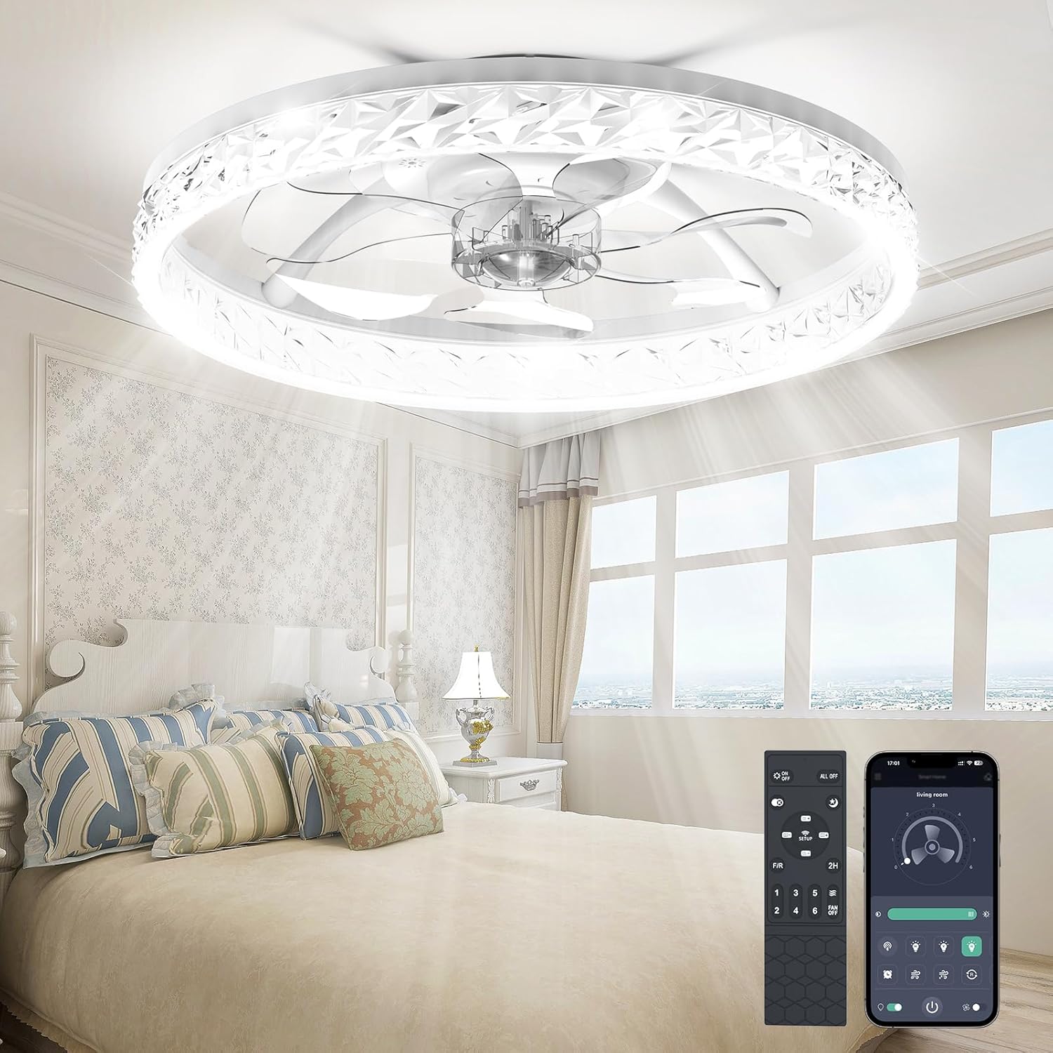 Ceiling Fans with Lights and Remote, Crystal-Edged Modern Flush Mount LED Fan Light, 6 Wind Speeds Low Profile Fandelier Ceiling Fan with Light for Bedroom, 3000-6500K Dimmable (18.6" White) 18.6 INCH White