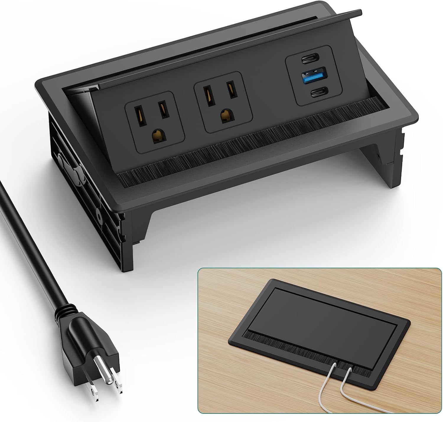 QBA Recessed Power Strip with USB C 20W, Flush Mount Power Outlet with 2 AC Outlets 3 USB Ports, Desktop Charging Station for Nightstand Furniture Conference Table, Black