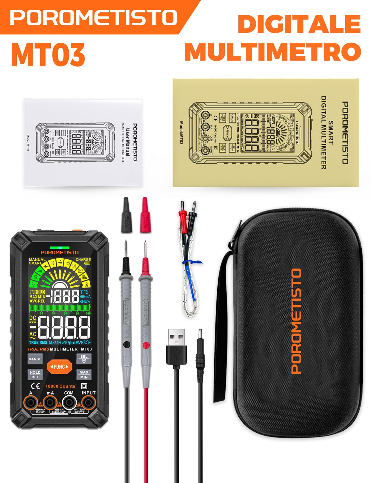 Multimetro Digitale Professionale POROMETISTO TRMS 10000 conteggi, 750V CA/ 1000V CC Ricaricabile con Auto Gamma, Misura Tensione Corrente Resistenza Continuità Capacità Frequenza Diodo TEM