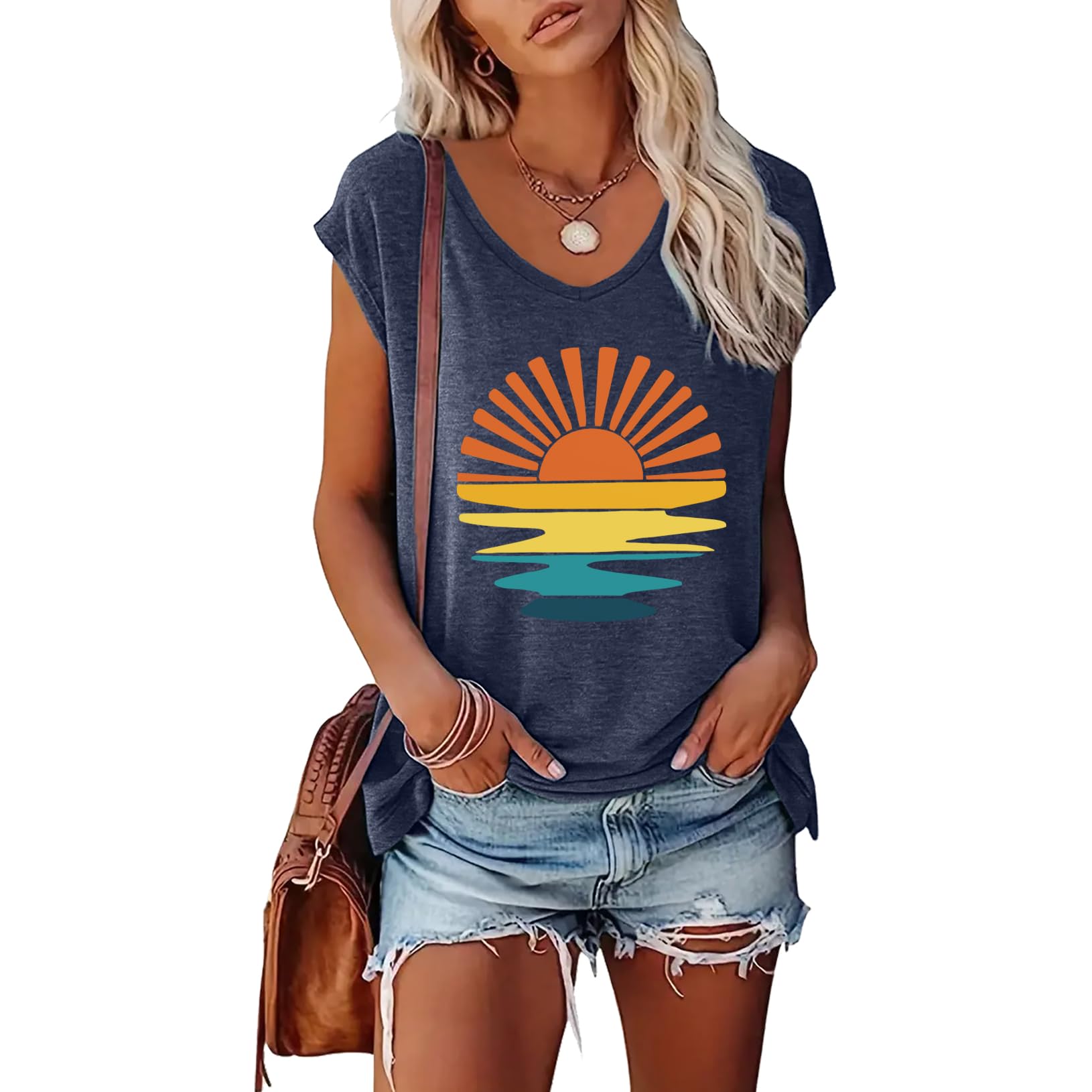 BLACKOO Women's V-Neck Cute Graphic T-Shirt Short Sleeve Casual Basic Top