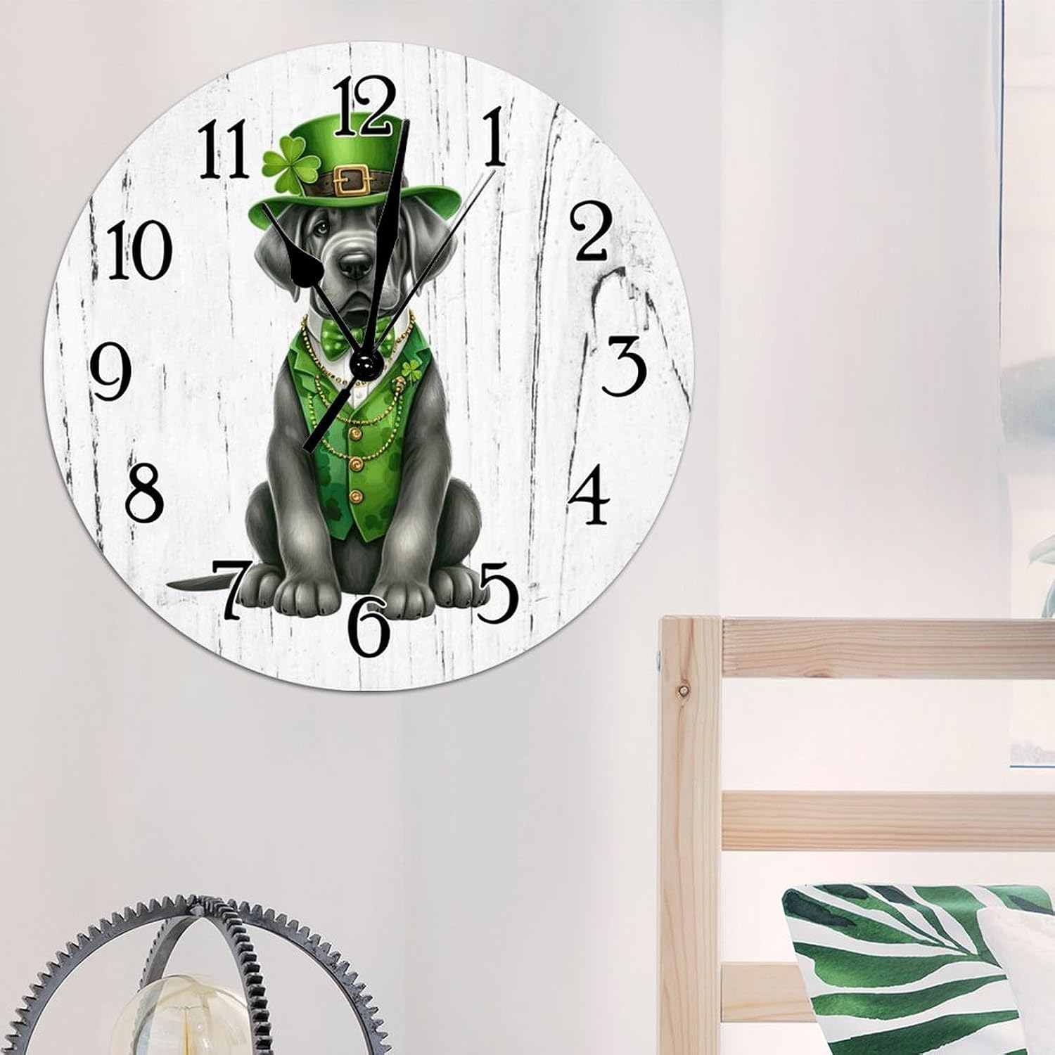 Great Dane Dog St. Patrick's Day Wooden Wall Clock Great Dane Dog Green Leprechaun Hat Leaf Clock Battery Operated Silent Wall Clocks Dog Owner Gift Wooden Clock for Bedroom 12x12in