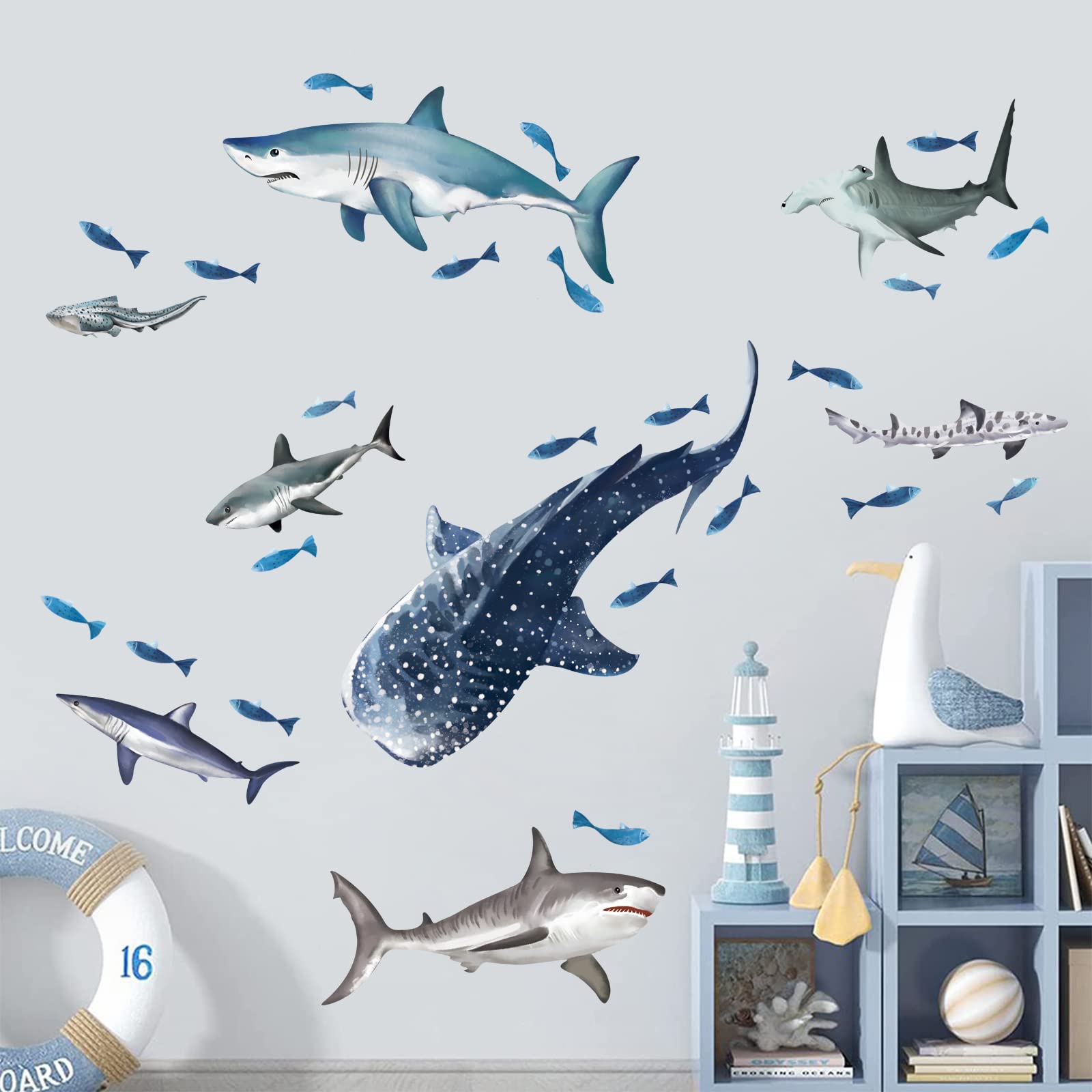 wondever Sharks Wall Stickers Under The Sea Fish Peel and Stick Wall Art Decals for Kids Room Baby Nursery Bathroom - Image 2