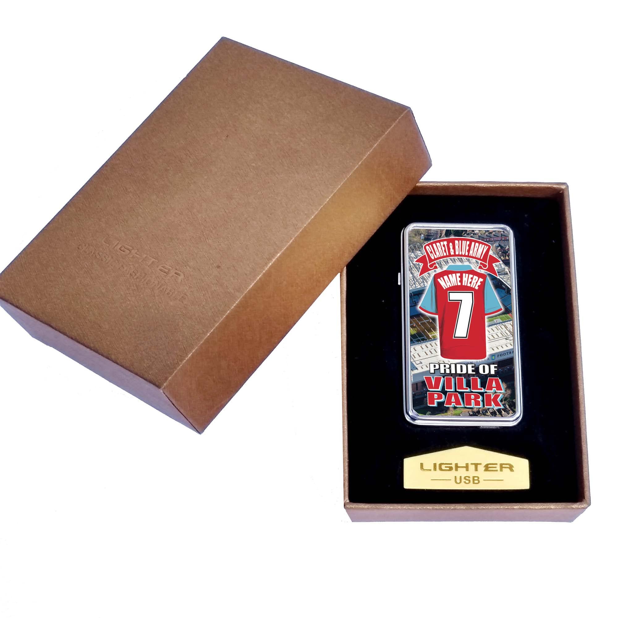 The Villa Personalised Football Shirt Rechargeable Gift Boxed Silver Metal USB Lighter