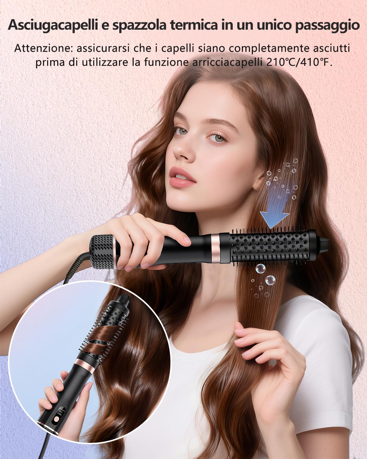 Spazzola termica, spazzola termica Blowout Boost ionica, rende i capelli lisci e lucenti, 5 livelli di temperatura, delicato sui capelli, doppia tensione, spina europea, Sakura rosa