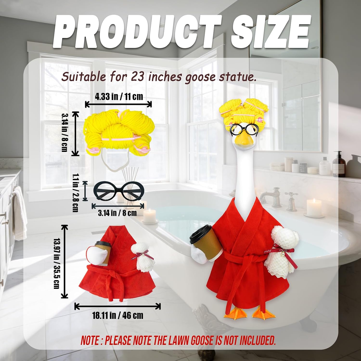 Lady Porch Goose Outfits,Bathrobe Porch Goose Statue Costume with Curlers Reading Glasses Coffee Cup Towel,Cute Goose Clothes for 23-Inch Cement Statue,Lawn Yard Garden Patio Decor（Red）