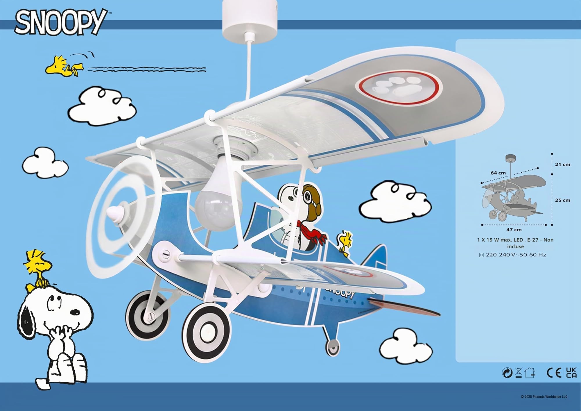 Dalber Lustre Chambre Lampe Suspension Enfant avion Snoopy bleu animaux, 54302, E27 15w led
