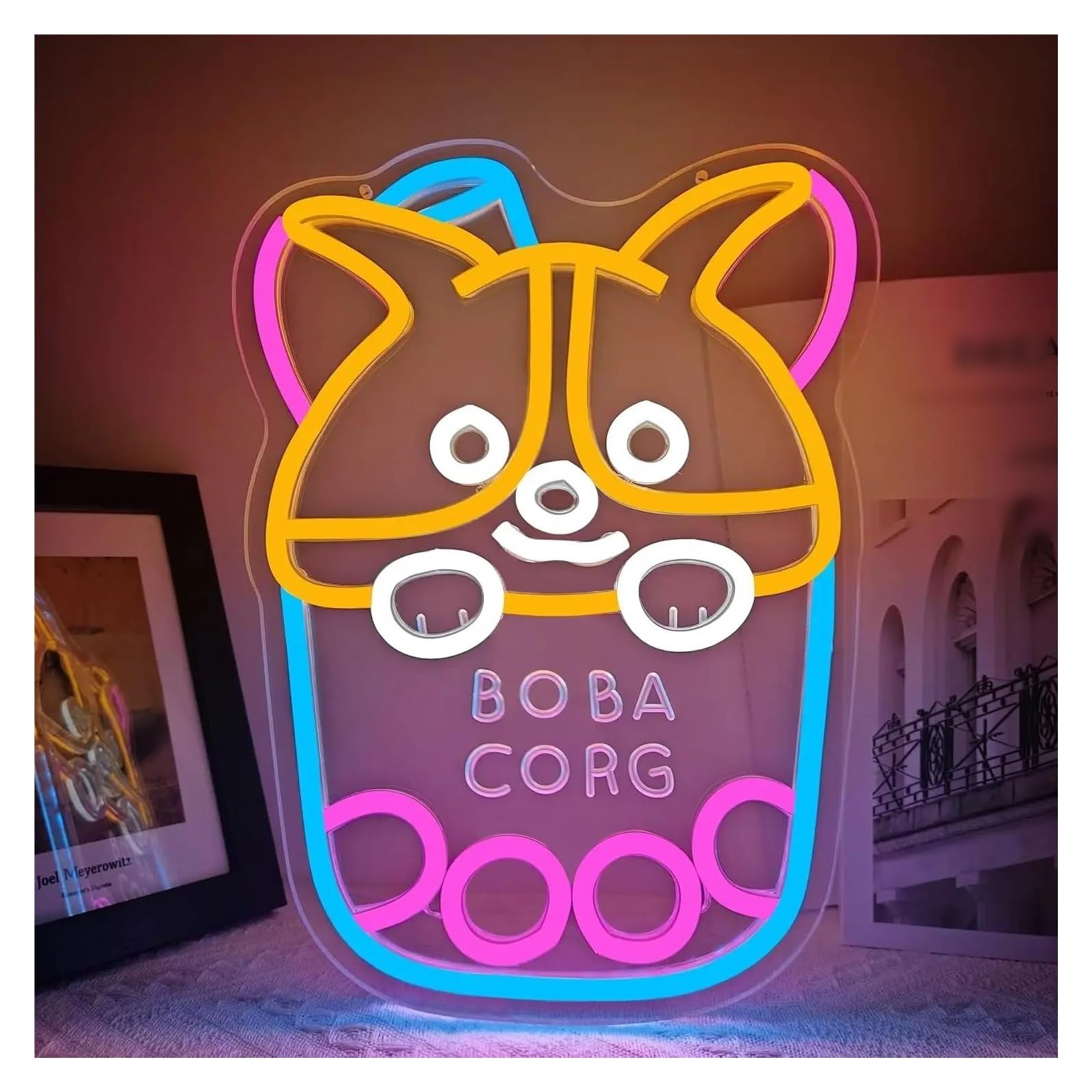 Rongch One Color Hanging Art Signs Boba Neon Sign Corgi Dog Usb Dimmable For Bar Coffee Dessert Stores Bubble Tea Shop Beverage Store Decor 37X27.6cm