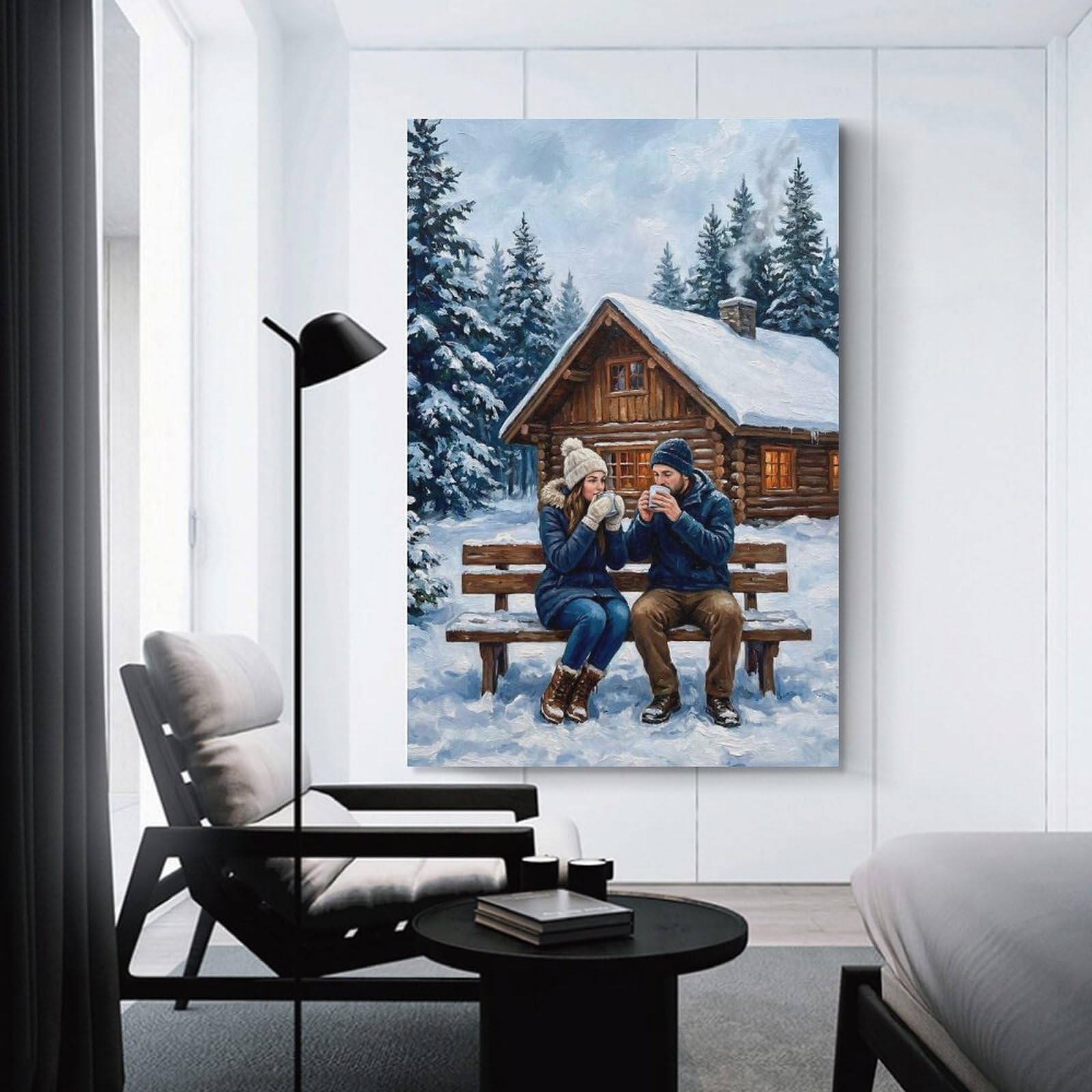 Junmoney Unframe-Style-24 Canvas Wall Art Couple Enjoying Hot Drinks In Snowy Cabin Setting, 20X30inch(50X75cm), For Lounge Decor, Bedroom Walls Or Flats, Eye Catching Artwork For Blank Walls