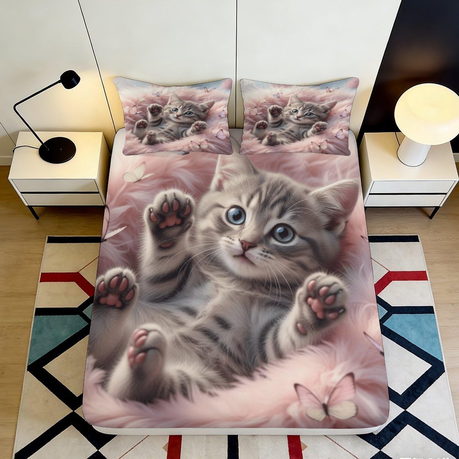 3D Printed Cute Kitten Fitted Sheet Microfiber Soft Grey Cat Paw Mattress Cover for Bedroom Dorm Guest Room Decor 90x200x25cm