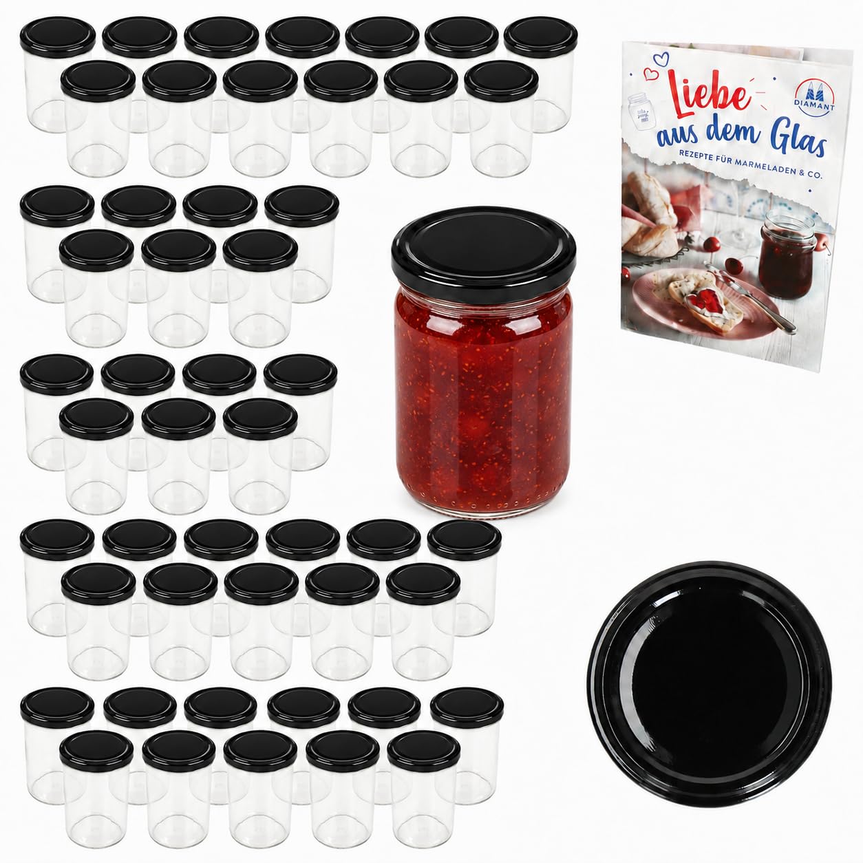 MamboCat Set 50 pots hauts Contenu 230 ml avec couvercle noir To 66, livre de recettes inclus Diamant Gelierzauber Idéal comme pot de confiture ou de conserve