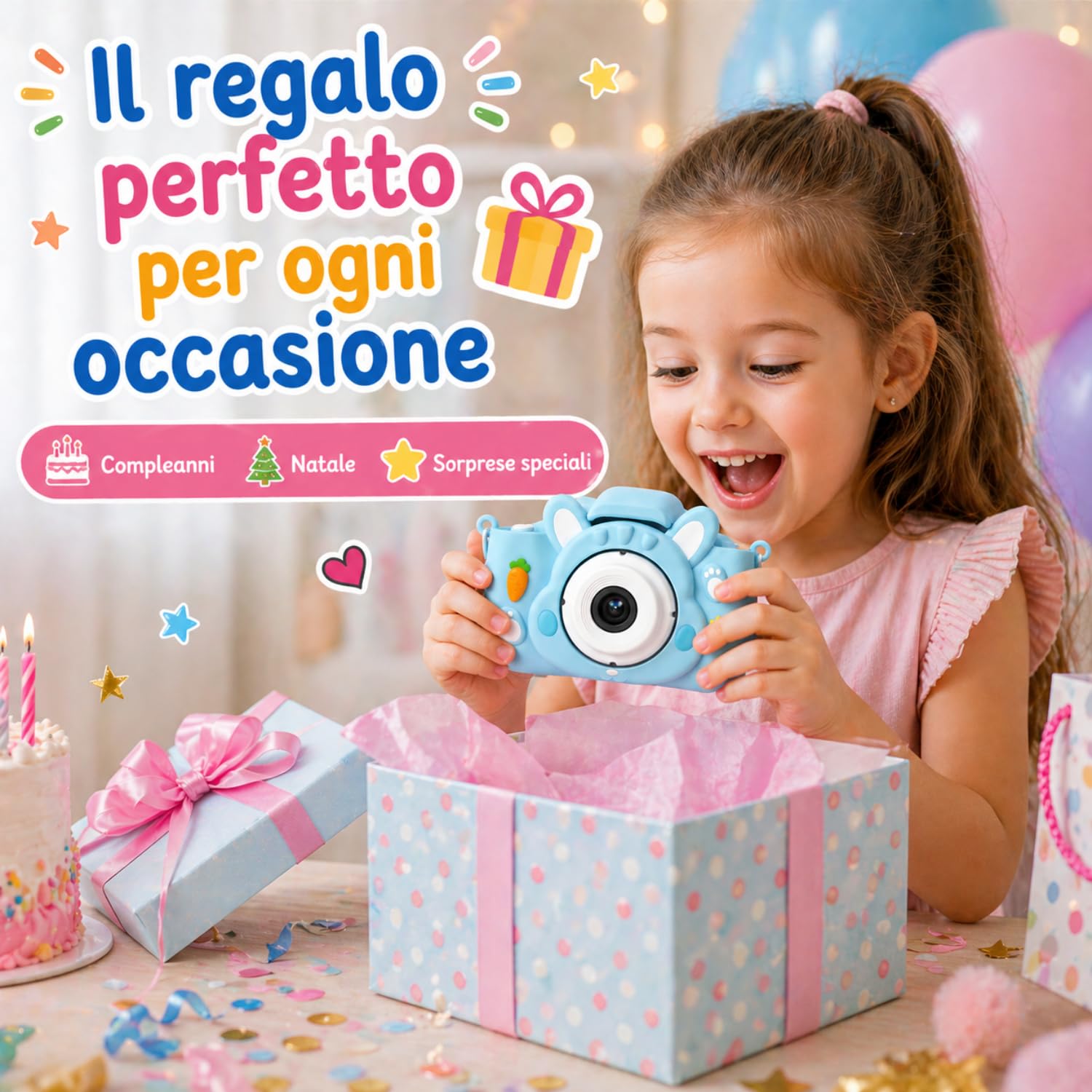 KidsCamera Bibi il Coniglio 2K – Macchina Fotografica Digitale per Bambini 3+ Anni con Memory Card 4GB Inclusa, Foto, Video, Giochi e Filtri – Prima Fotocamera Regalo Compleanno Bambina