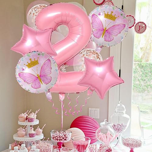 Miniatura 6 de Globos de mariposa para decoración de segundo cumpleaños para niñas, 8 suministros de fiesta de cumpleaños de mariposa rosa, globos de confeti de