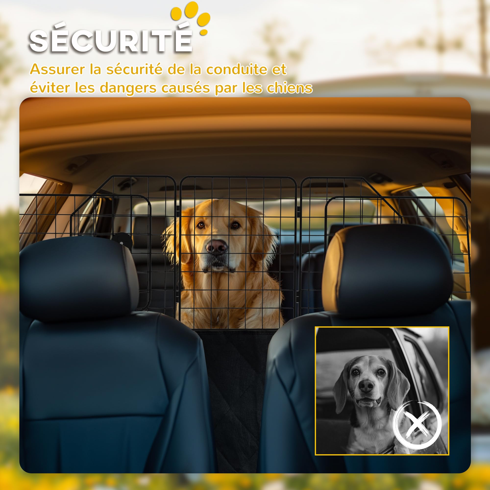 PawHut Grille de Séparation pour Chien Voiture Pliable, Largeur Ajustable 93-150 cm, Universelle pour Appui-tête, Noir