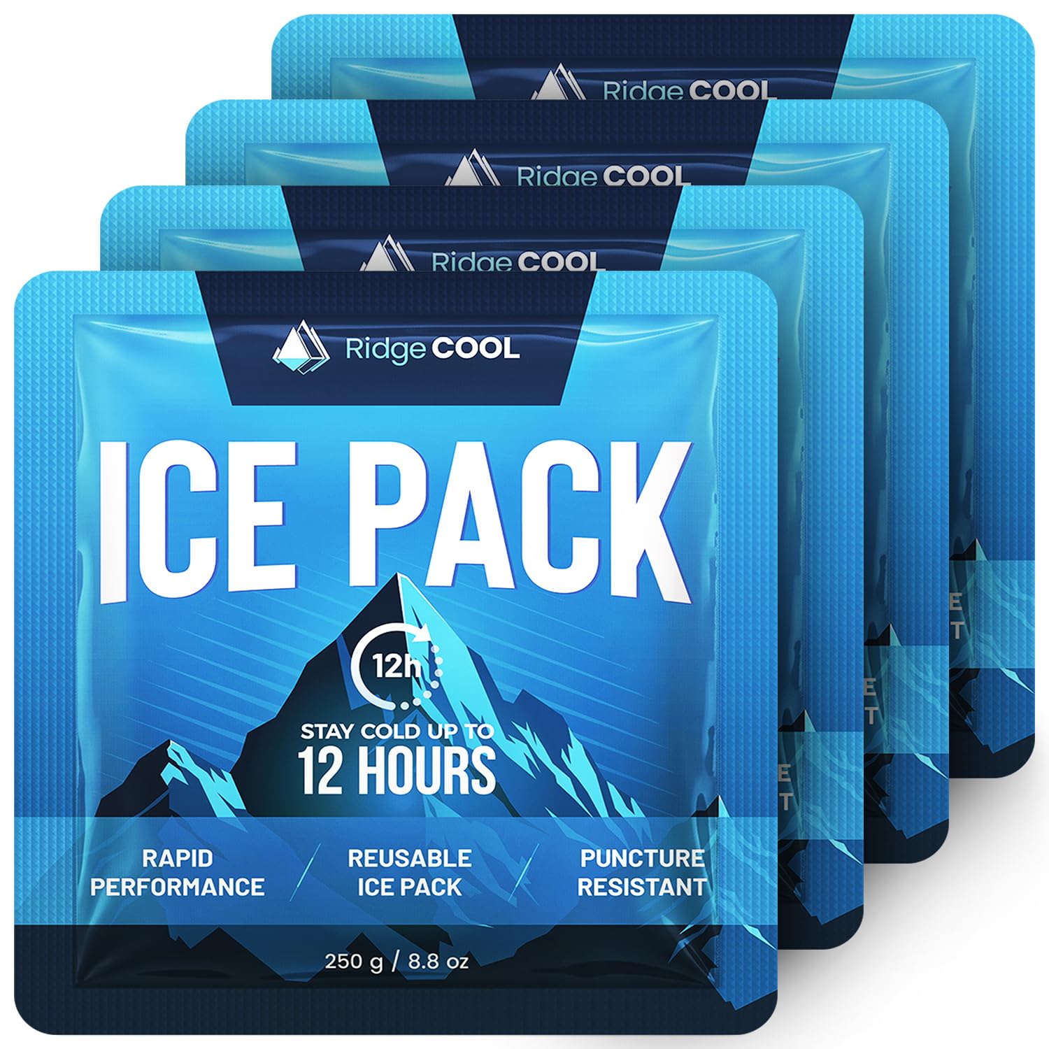 RIDGECOOL 4 Pack Large Reusable Ice Packs for Coolers, Long Lasting Freezer Packs for Cooler Bags and Insulated Totes, Leakproof, BPA-Free, Food Safe