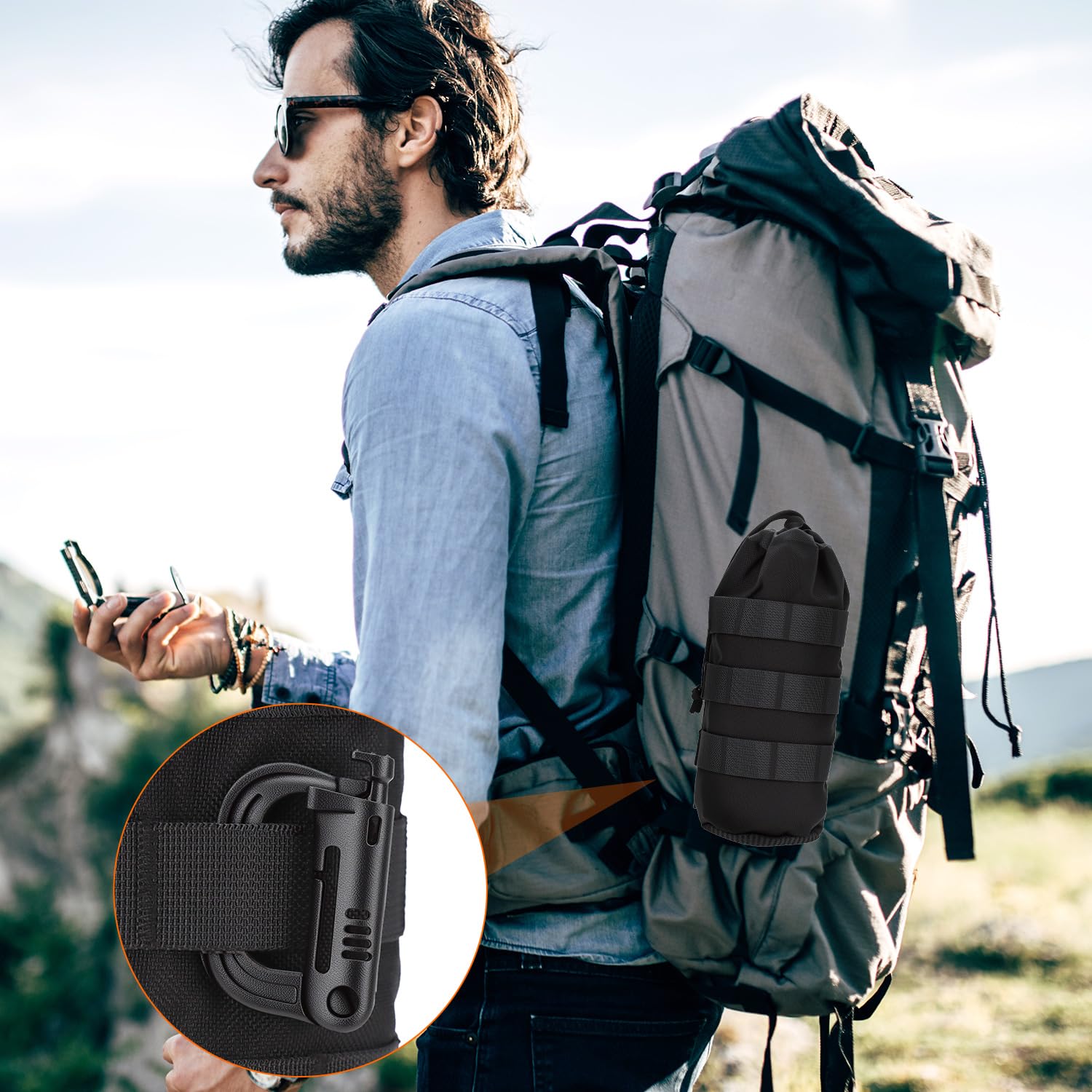 QWORK® 2 Pezzi Borsa Porta Borraccia Tattica con 4 Ganci, 24 * 10 CM, Resistente all'Acqua, per Escursionismo, Ciclismo e Sport All'aperto