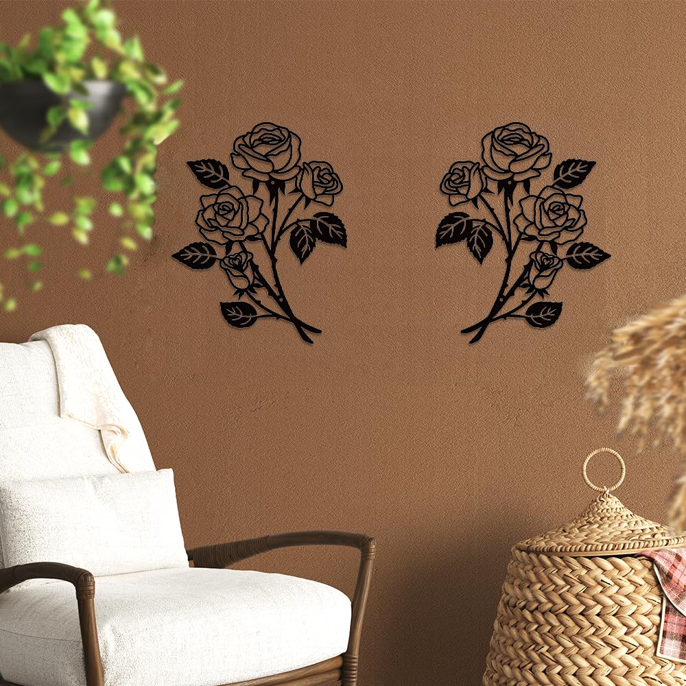 2 Roses Décoratives Murales Métal 38cm - Décoration Murale Fer Forgé Pour Intérieur/Extérieur